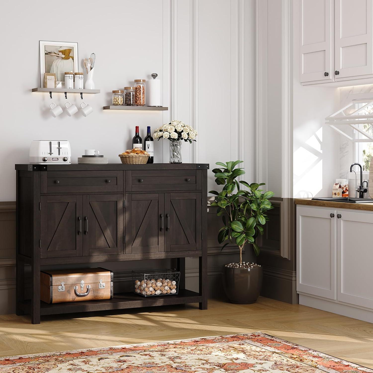 47.2" Dark Brown Modern Farmhouse Coffee Bar with Barn Doors