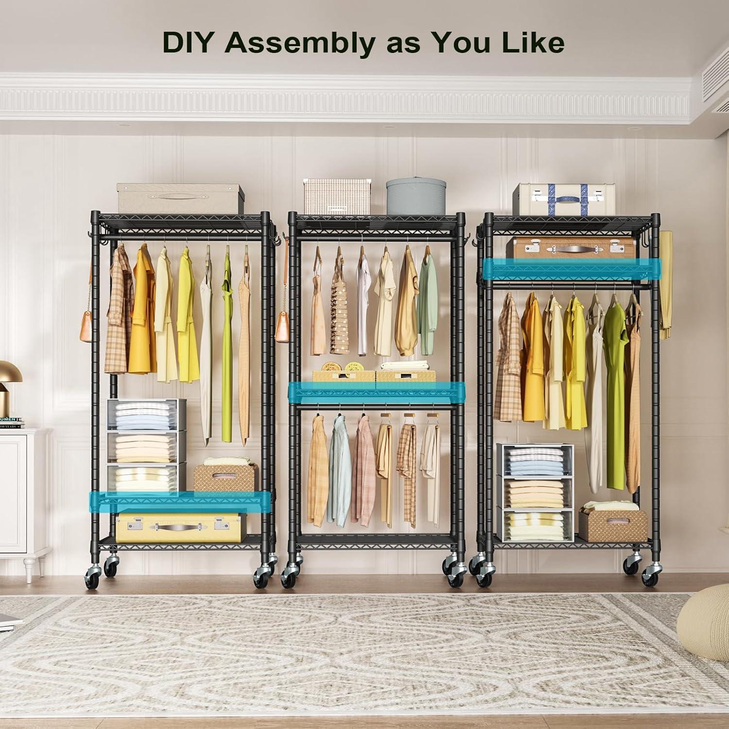 Heavy Duty Clothes Rack Rolling Garment Rack,3 Tier Adjustable Wire Shelving Clothing Racks for Hanging Clothes with Double Rods&Side Hooks,Freestanding Wardrobe Storage Rack Metal Portable Closet