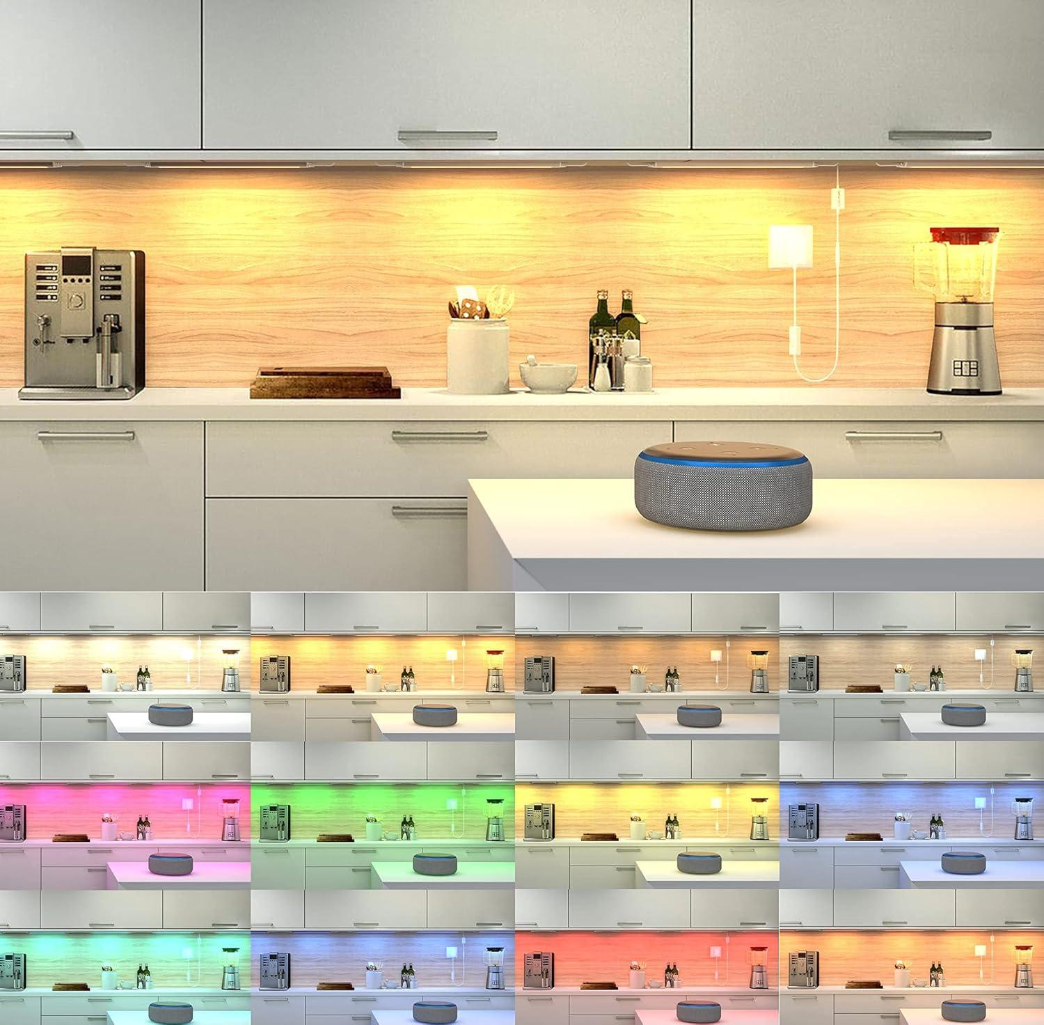Smart Under Cabinet Lighting Strip Lights White & Color Changing Dimmable Work with Alexa Google Smart Thing Phone App, RGB Multi Colored Lamp for Kitchen Counter Light Fixture (6 Lights Bar Kit)