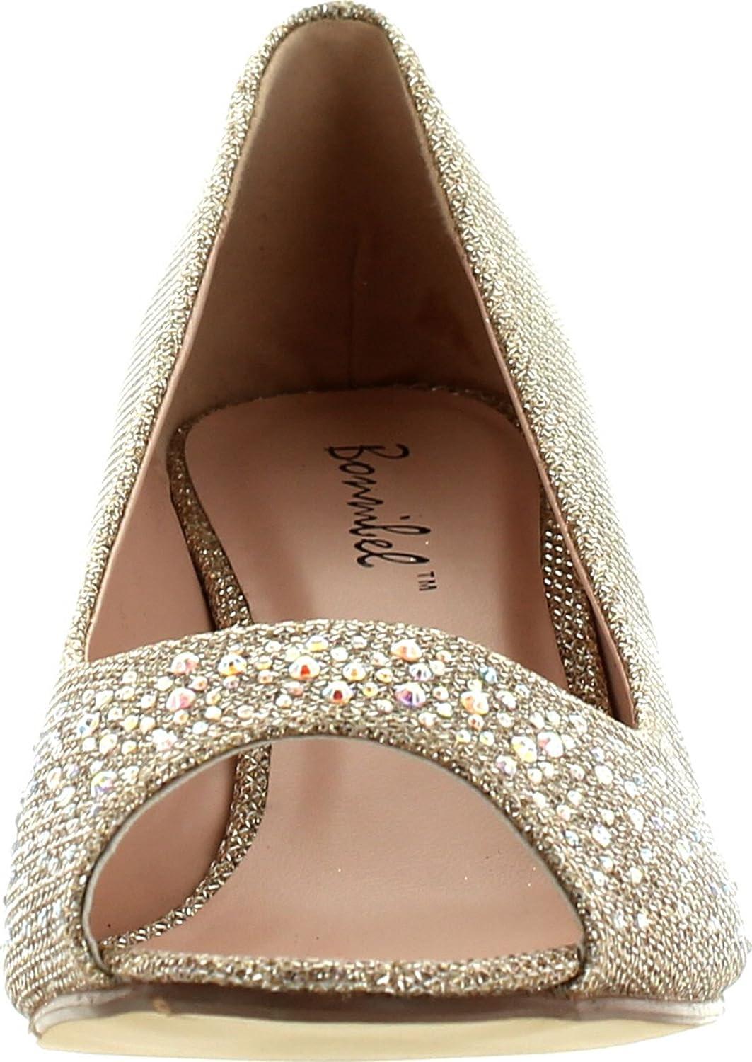 BONNIBEL WONDA-2 Womens Peep Toe Low Heel Glitter Slip On Dress Pumps, Champagne, 6.5