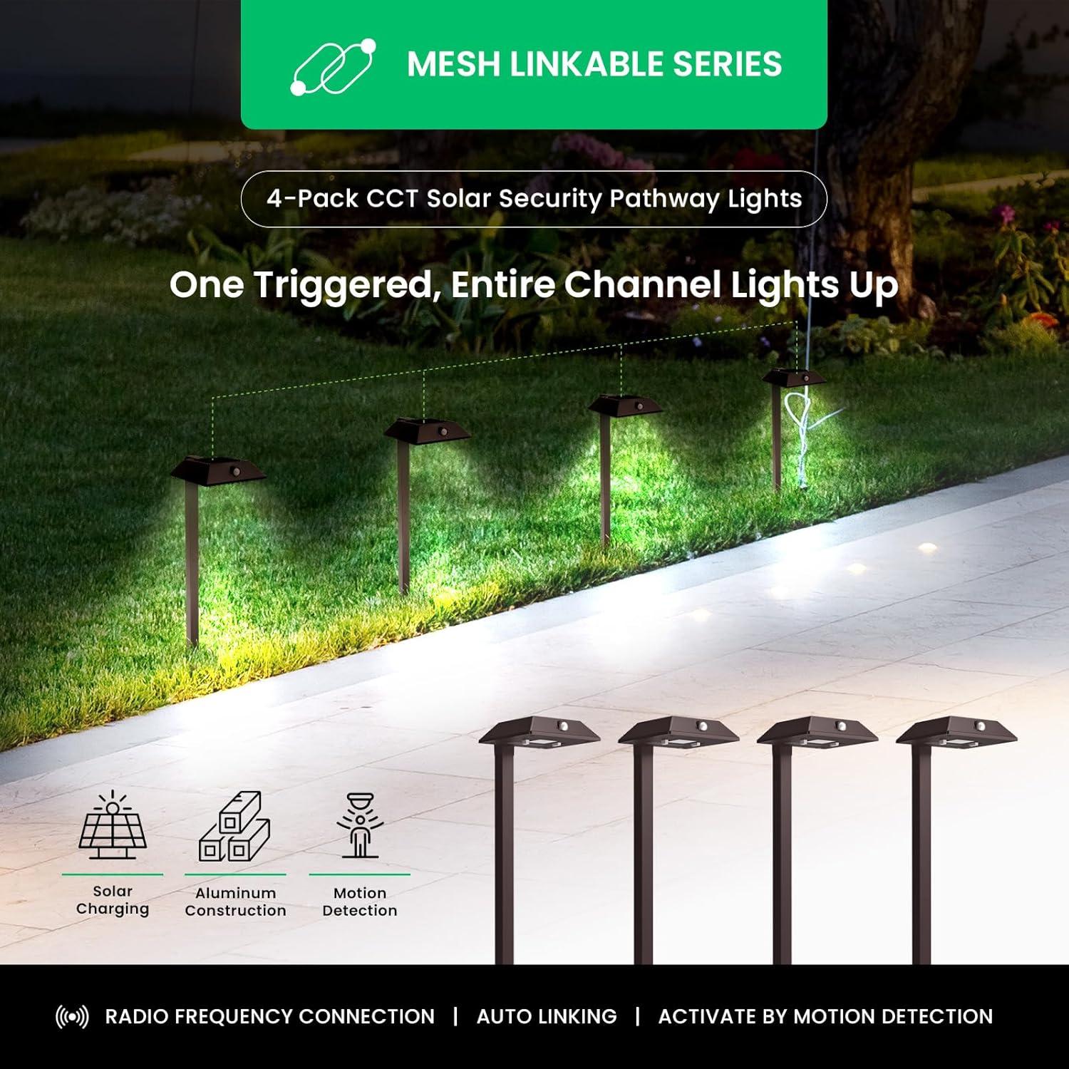 Mesh Linkable Series 4-Pack Solar LED Security Pathway Light w/ LiFePO4 Battery, 300LM, Auto-linking, 110°x16 ft Motion Detection, CCT 3000K/4000K/5000K, 4-Channel Settings, Stainless Steel, Bronze