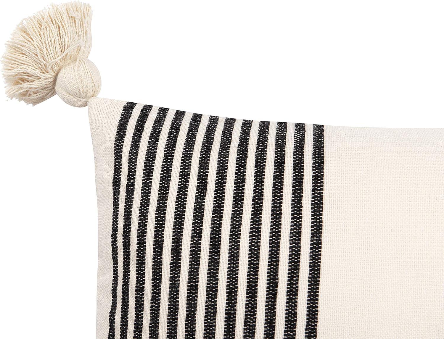 Creative Co-Op Cotton and Chenille Woven Striped Lumbar Pillow with Tassels, Black and Cream