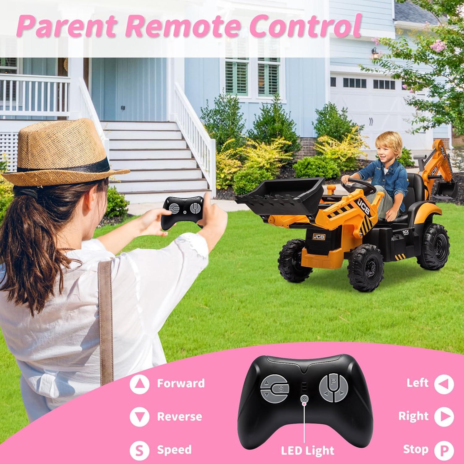 24V JCB Ride on Excavator Toy, 3 in 1 Ride on Tractor Truck with Remote Control, Battery Powered Ride on Bulldozer Kids Electric Vehicles with Front Loader Bulldozer, Digger, Adjustable Seat, Yellow