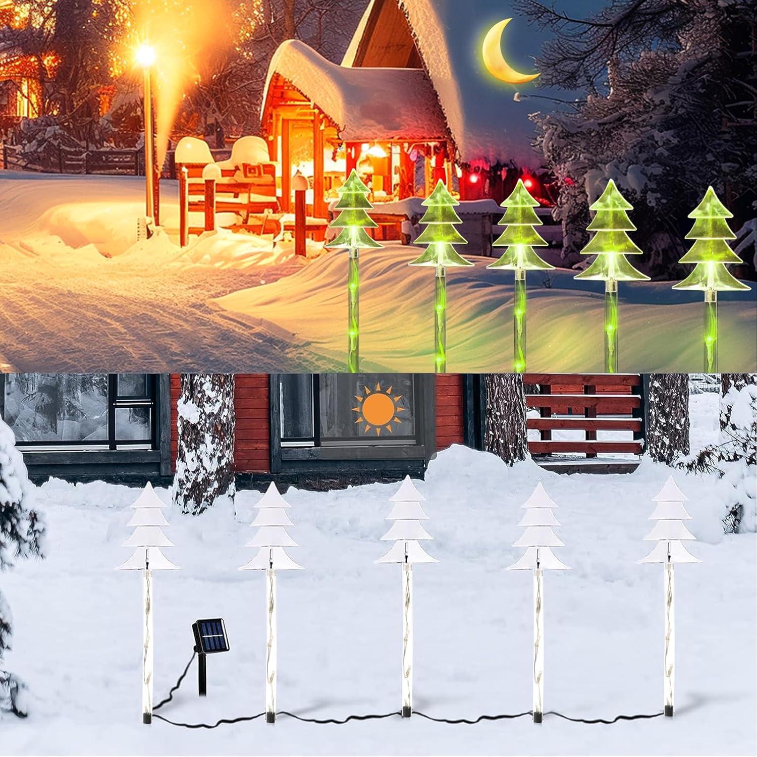 Enkey Christmas Solar Pathway Lights, Set of 5 Waterproof Landscape Christmas Lights, Stake Christmas Decorations, LED Lights for Yard Lawn Patio Walkway Decor (5PCS-Warm White-Tree)