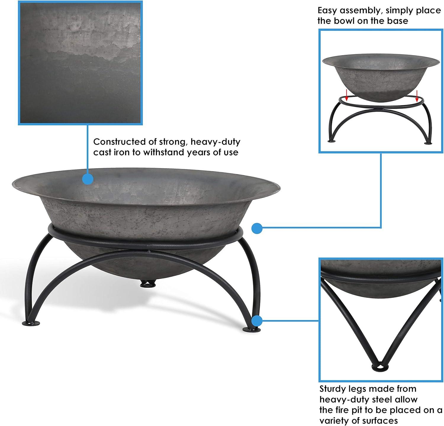 23.5" Round Wood-Burning Dark Gray Finish Cast Iron Fire Pit Bowl and Stand