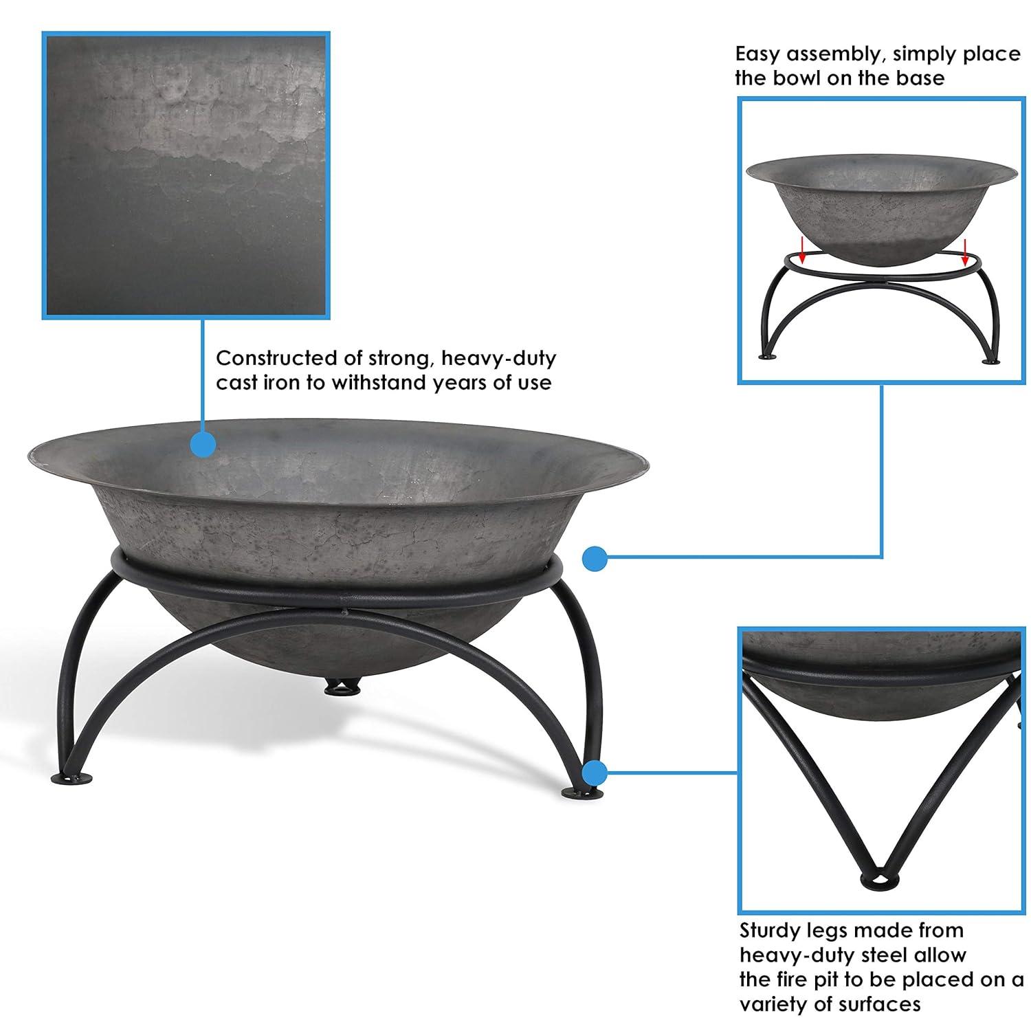 SunnyDaze Decor 23.5" Round Wood-Burning Dark Gray Finish Cast Iron Fire Pit Bowl and Stand