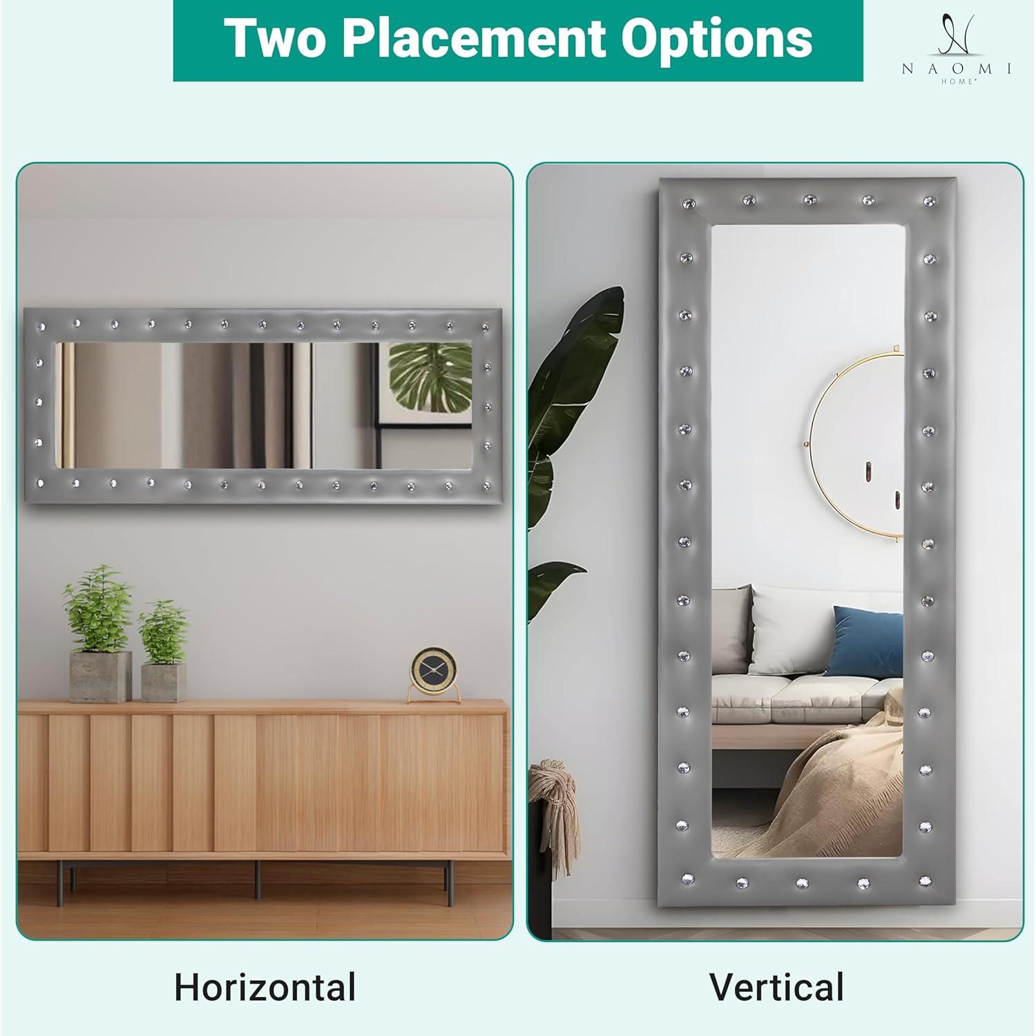 Naomi Home Crystal Tufted Floor Mirror Full Length, 63" LX22 W Wall Mirror, Standing Mirror,Wall Mirror with Faux Wood Frame, Full Length Mirrors for Bedroom - Gray