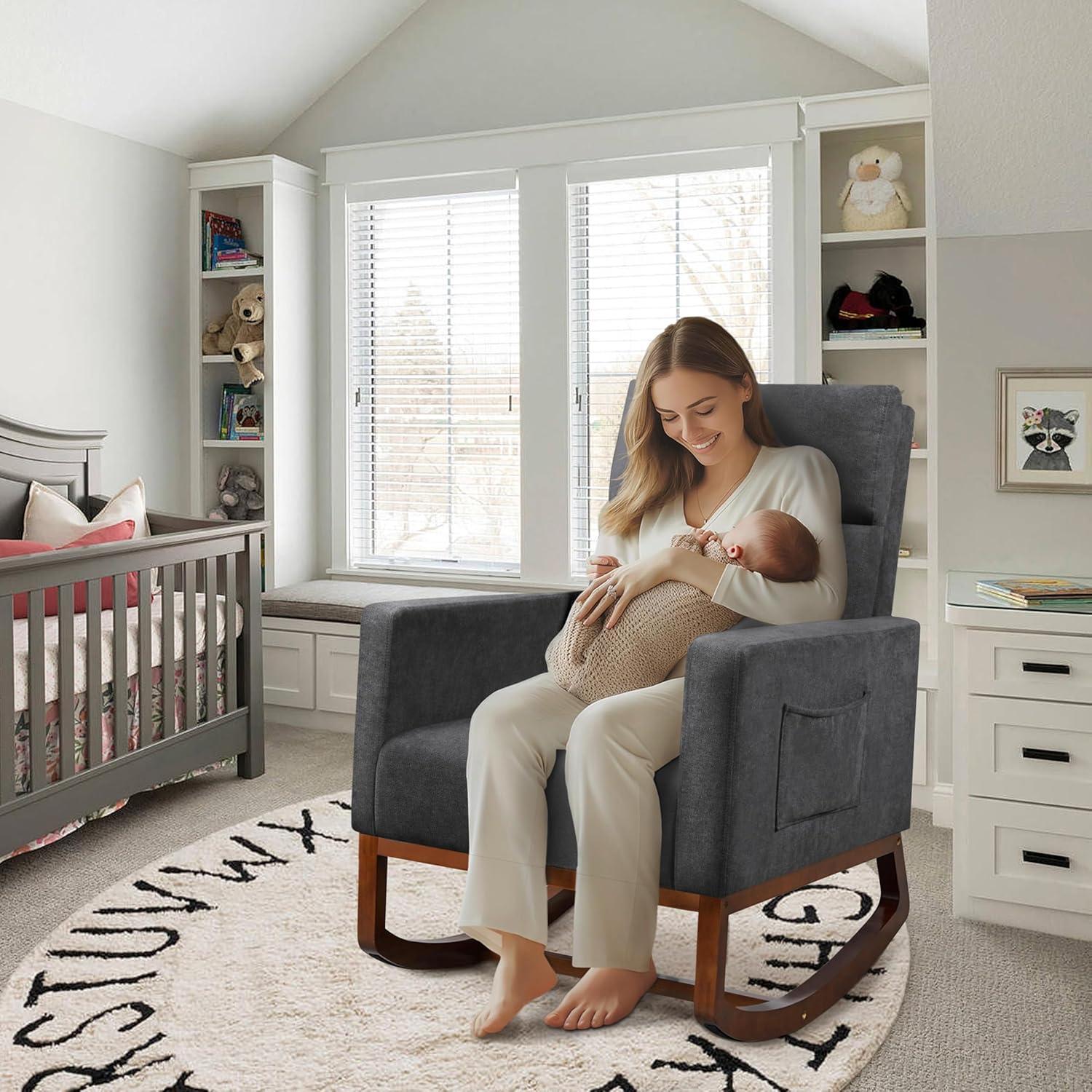 Gray Upholstered Rocking Chair with Rubber Wood Legs and Side Pockets