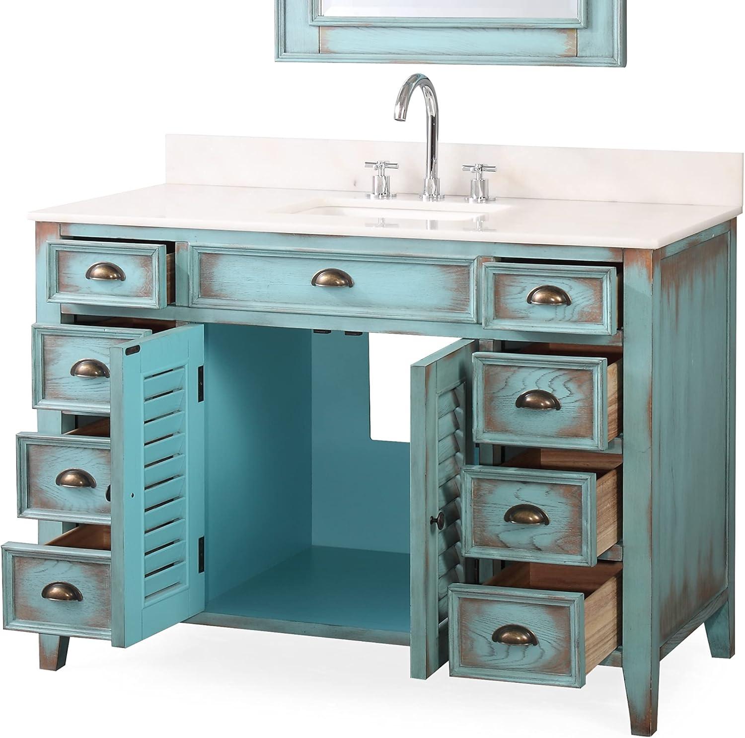 46 Inch Abbeville Distressed Blue Finish Cottage Plantation Style Bathroom Vanity with White Marble Stone Top, 4 Functional Drawers, Undermount Sink, Hardware Included