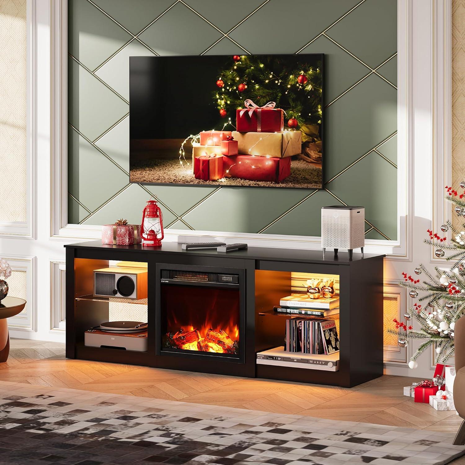 Black Modern Fireplace TV Stand with LED Lights and Glass Shelves