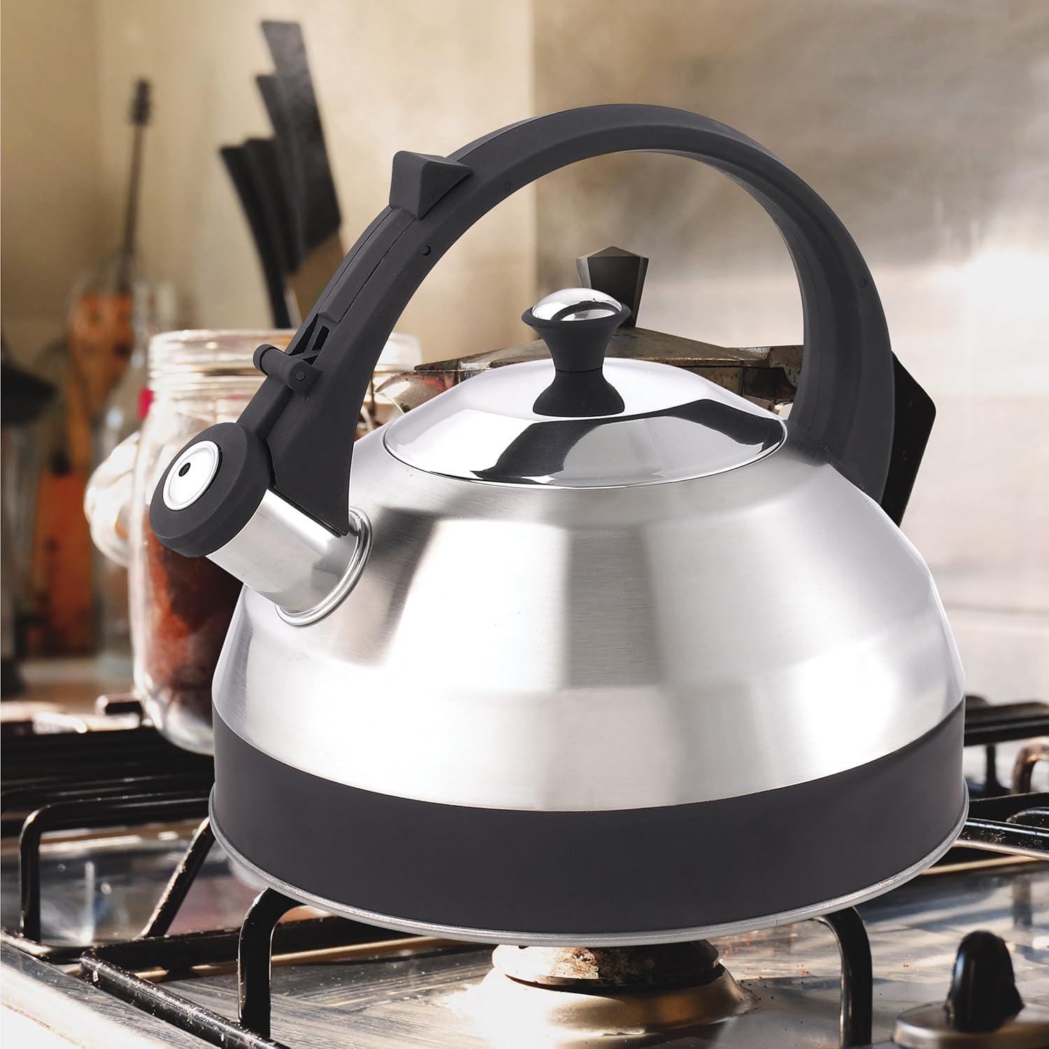 Stainless Steel Whistling Teakettle with Black Handle, 2.8 Quart