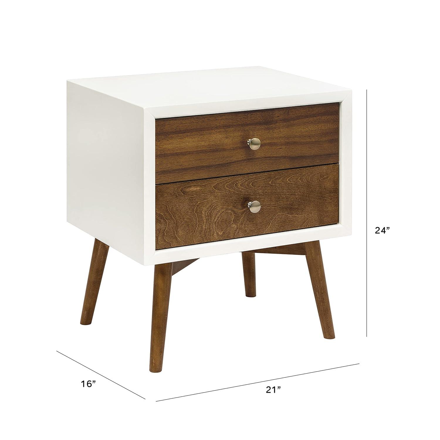 Palma Mid-Century Modern 2-Drawer Warm White/Walnut Nightstand with USB Port