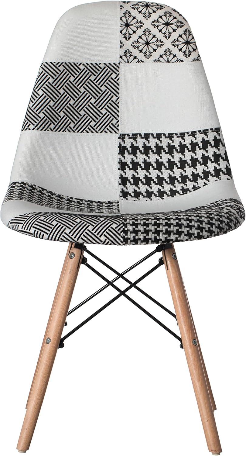 Fabulaxe Modern Fabric Patchwork Chair with Wooden Legs for Kitchen, Dining Room, Entryway, Living Room with Black & White Patterns