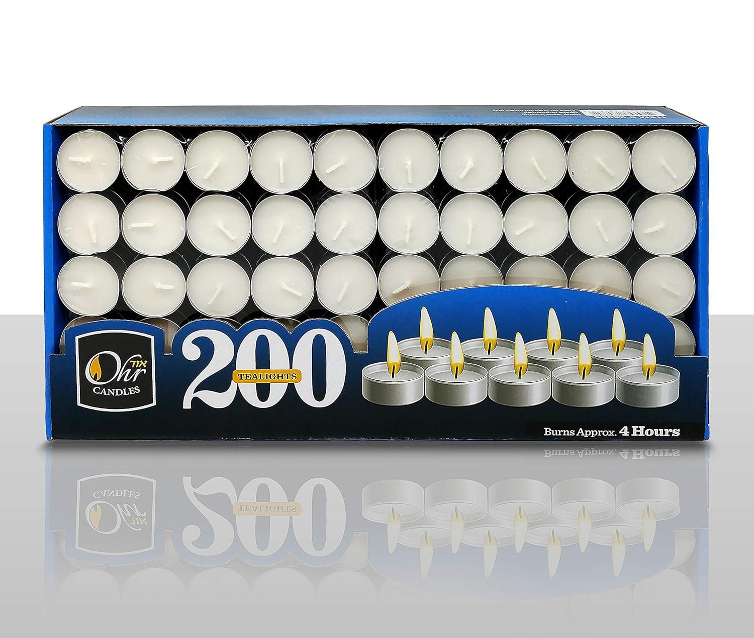 OHR CANDLES Tealight Candles - 200 Pack Bulk Tea Lights Candles - White Tealights Unscented - 4 Hour Burn Time
