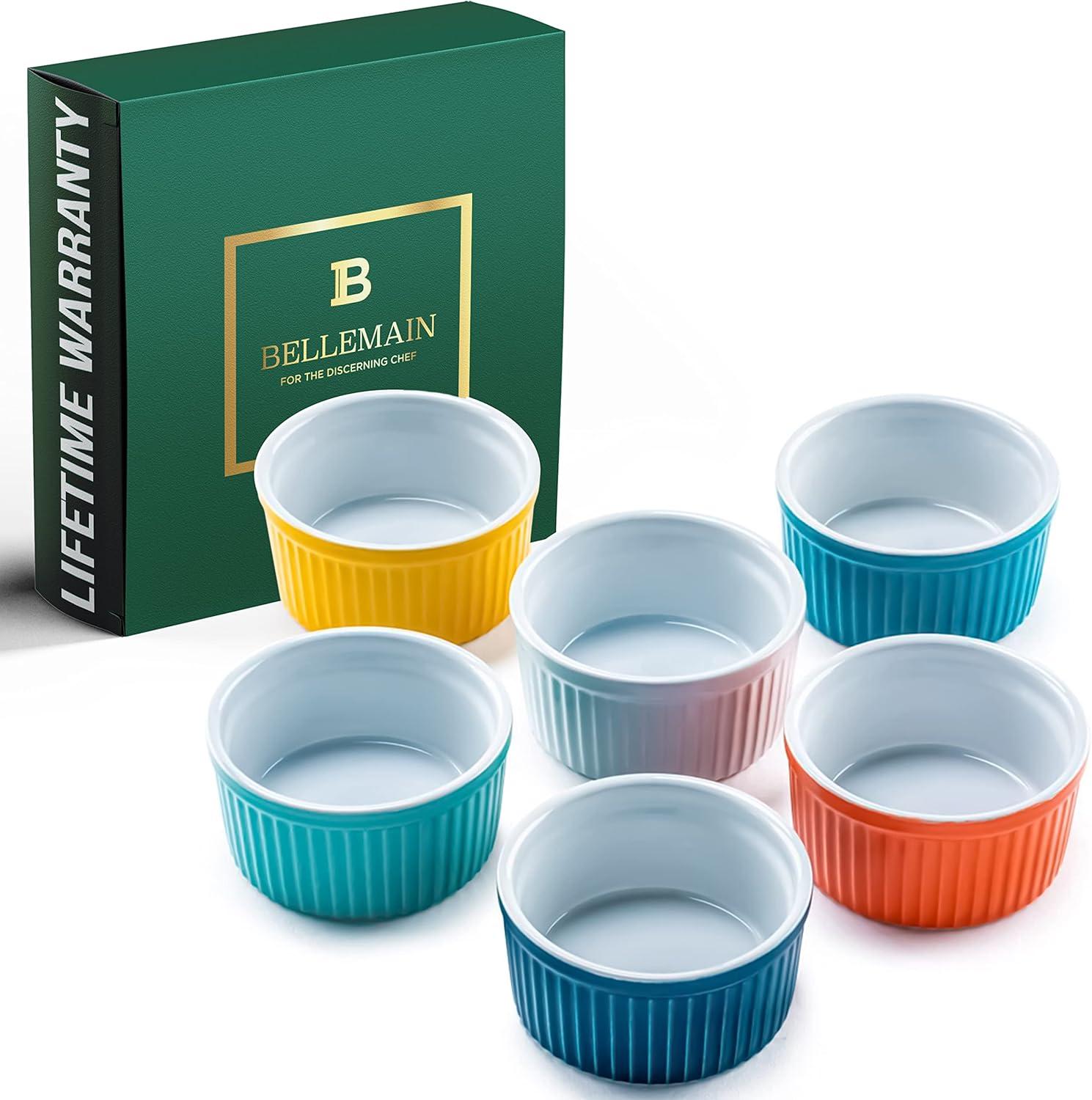Bellemain 4oz Porcelain Mini Bowls – Set of 6 Multi-Color Ramekins for Baking, Custard, Dips & More – Oven Safe to 500°F