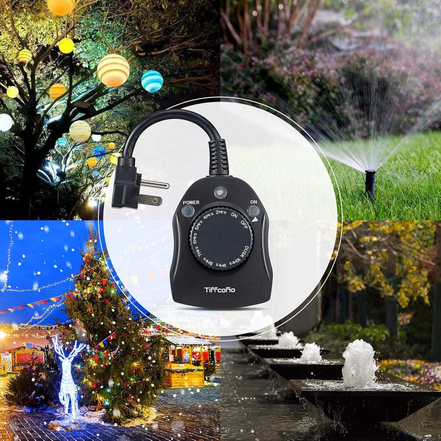 Outdoor Timer Outlet, Dusk to Dawn Light Sensor Timer, Outdoor Light Timer for Electrical Outlets Weatherproof, 2 Grounded Outlets for Christmas Lights, 15A 1/2HP, CSA Listed (1 Pack)
