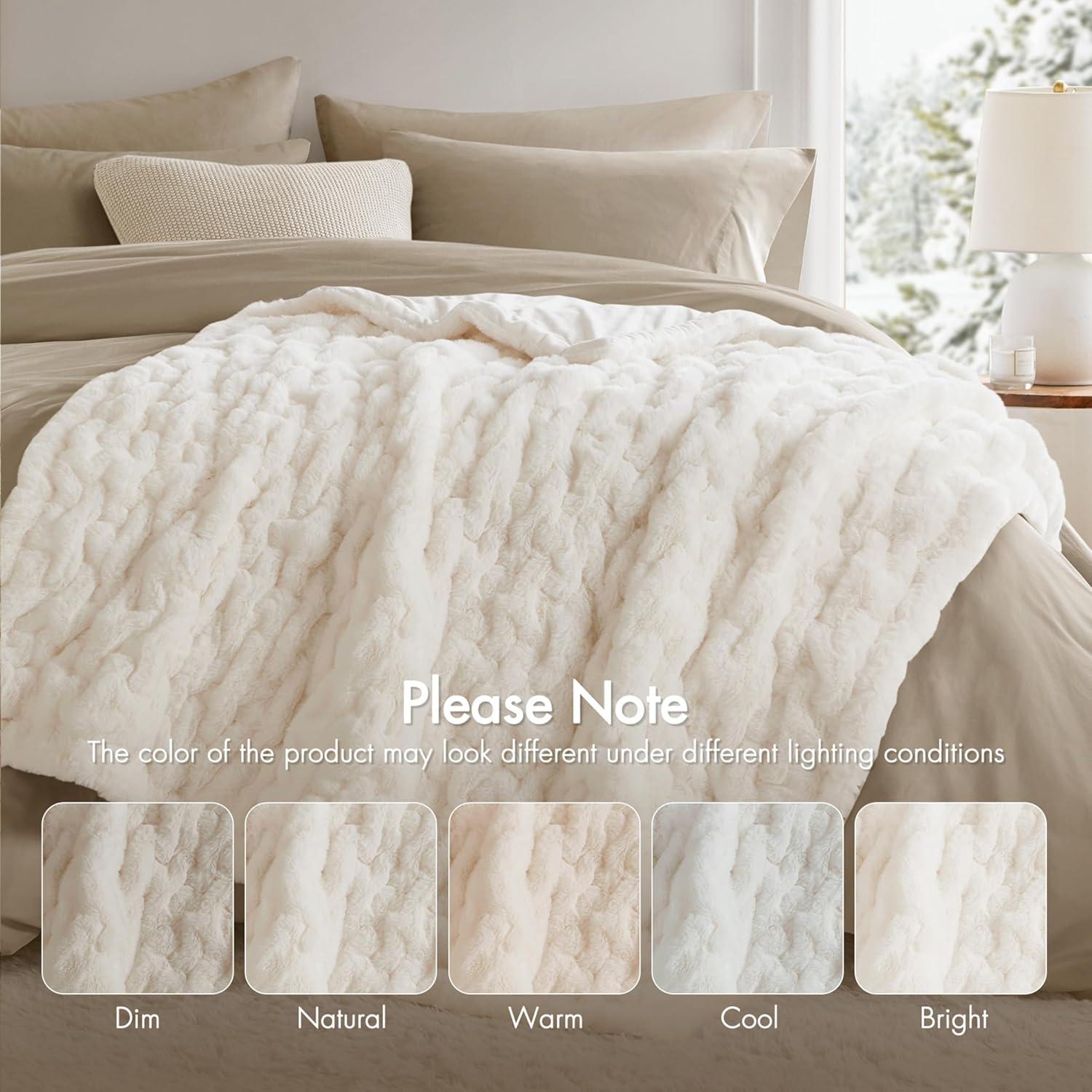 Madison Park Ivory Ruched Fur Throw 50x60"
