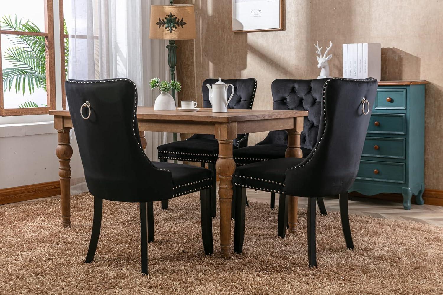 ODUSE-DAILY Black Velvet Dining Chairs Set of 4, Kitchen & Dining Room Chairs, Sillas De Comedor, Nailheads Tufted, Velvet Upholstered, Solid Wood (Black, 4 Pcs)