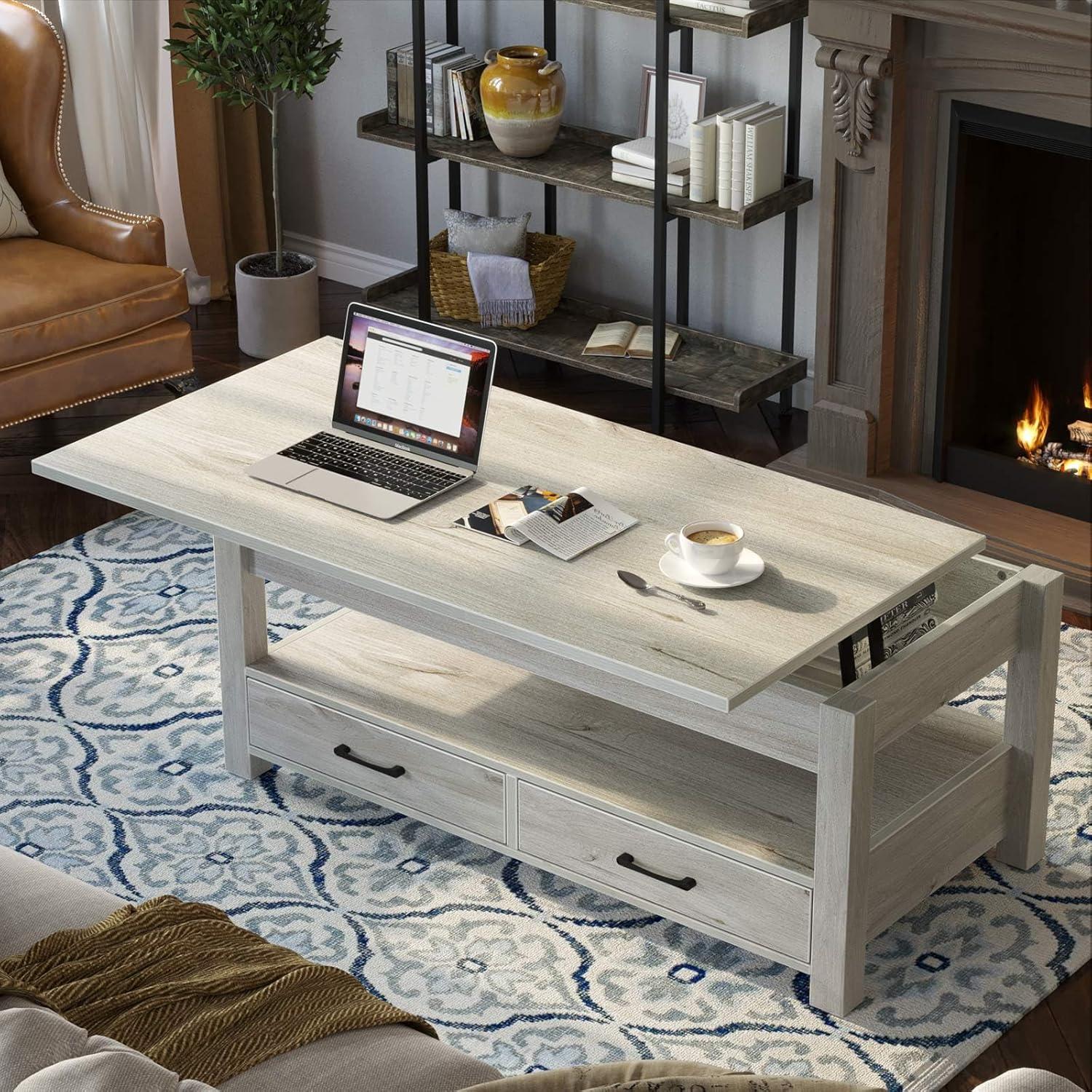 Gray Wood Lift-Top Coffee Table with Storage Drawers