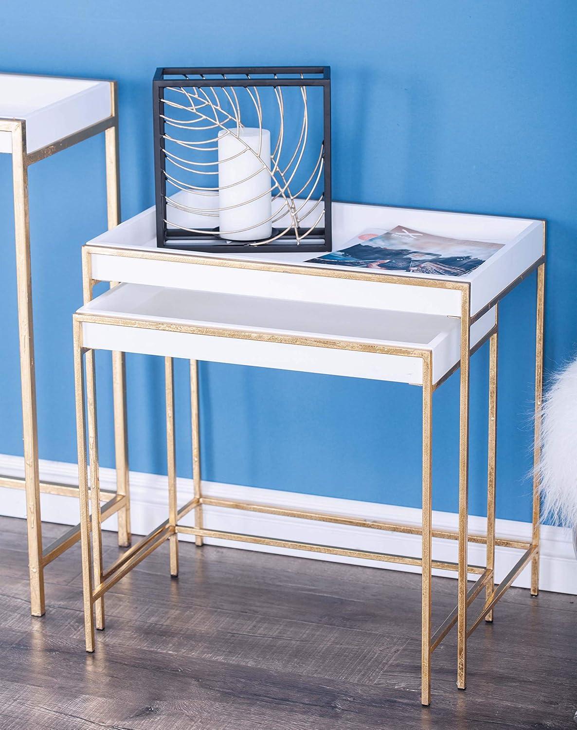 Blaine Wooden Nesting Tray Top Geometric Side End White Accent Table with Gold Metal Legs Set