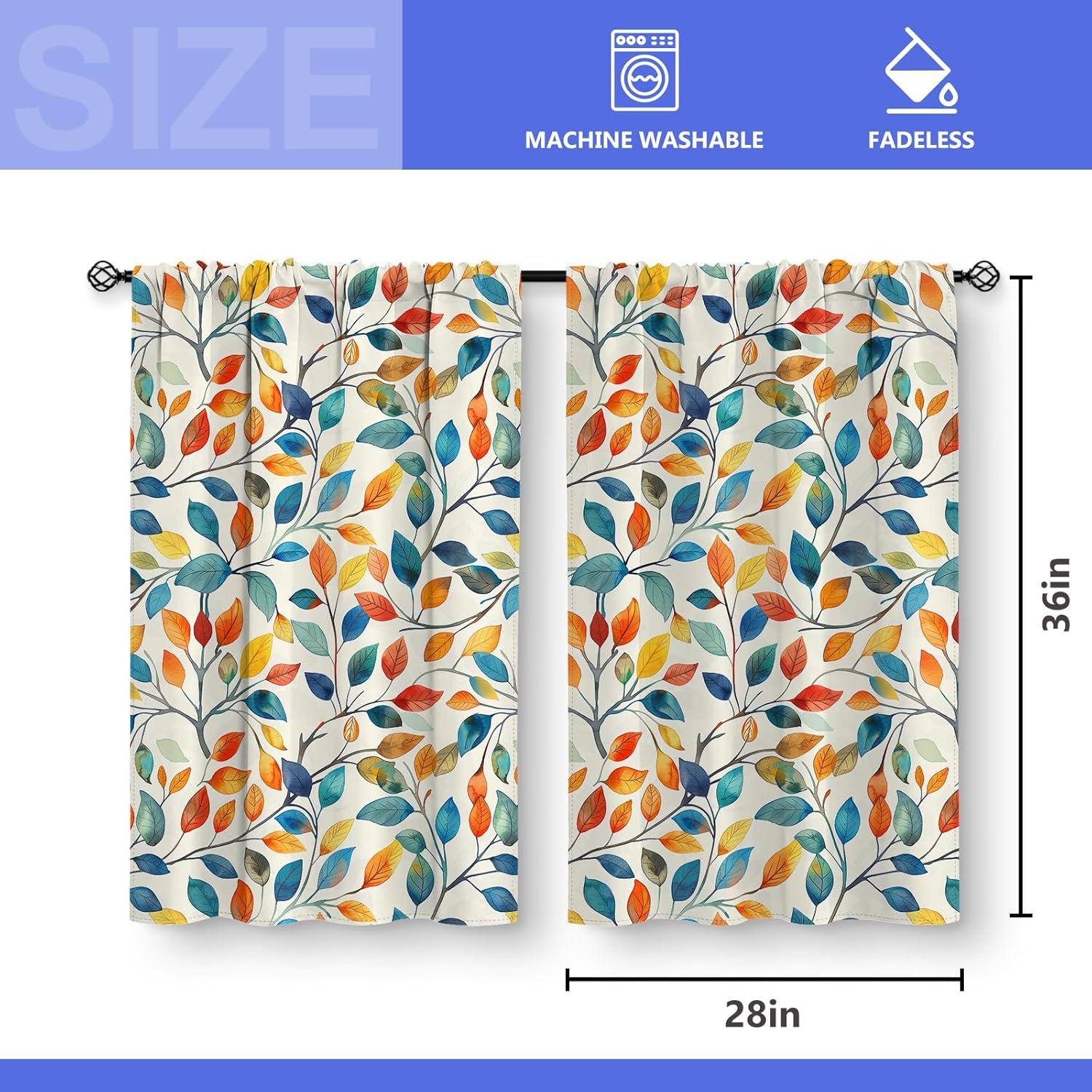 Aimego Colorful Leaves Kitchen Curtains - Floral Spring Botanical Tier Cafe Curtains Farmhouse Country Small Window for Bathroom Living RV Rod Pocket Window Drapes 36 Inch 2 Panels Set 28 "x36