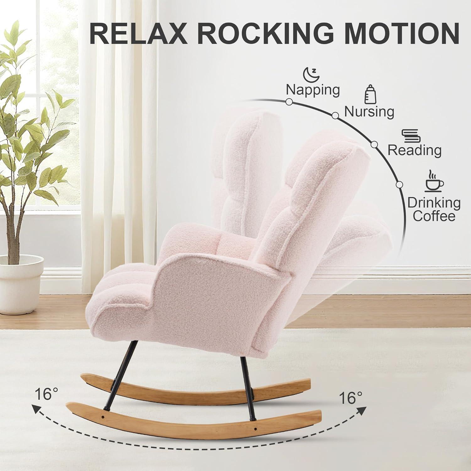 Nursery Rocking Chair Teddy, Upholstered Glider Rocker with High Backrest, Comfortable Stylish Accent Armchair with Padded Seat for Living Rooms, Bedrooms, Offices