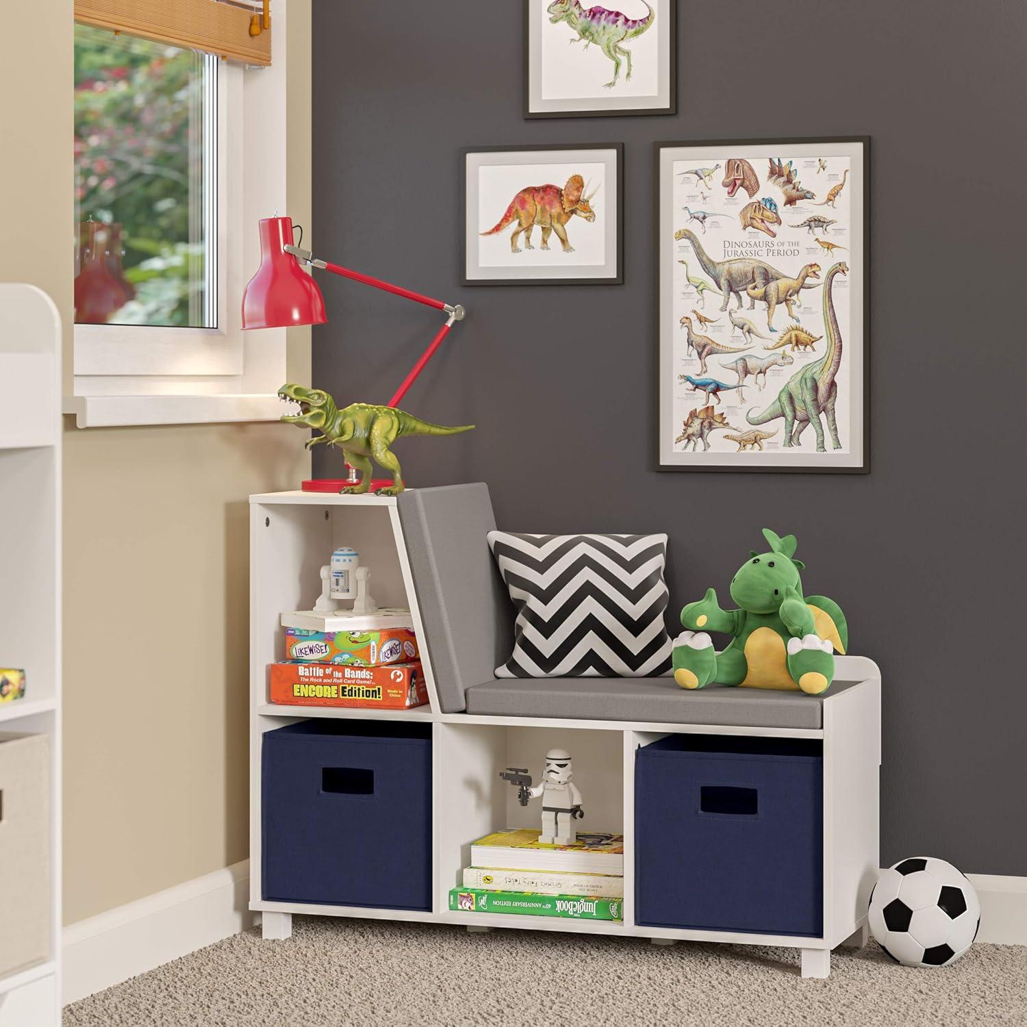 RiverRidge Home RiverRidge Kids Reading Book Nook Cushioned Toy Storage Bench with Cubby Organizers and 2 Fabric Bins- White