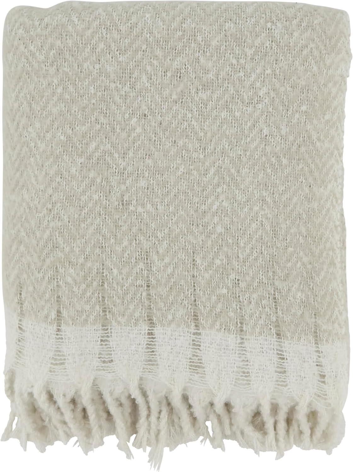 Gray Faux Mohair Herringbone Fringed Throw Blanket