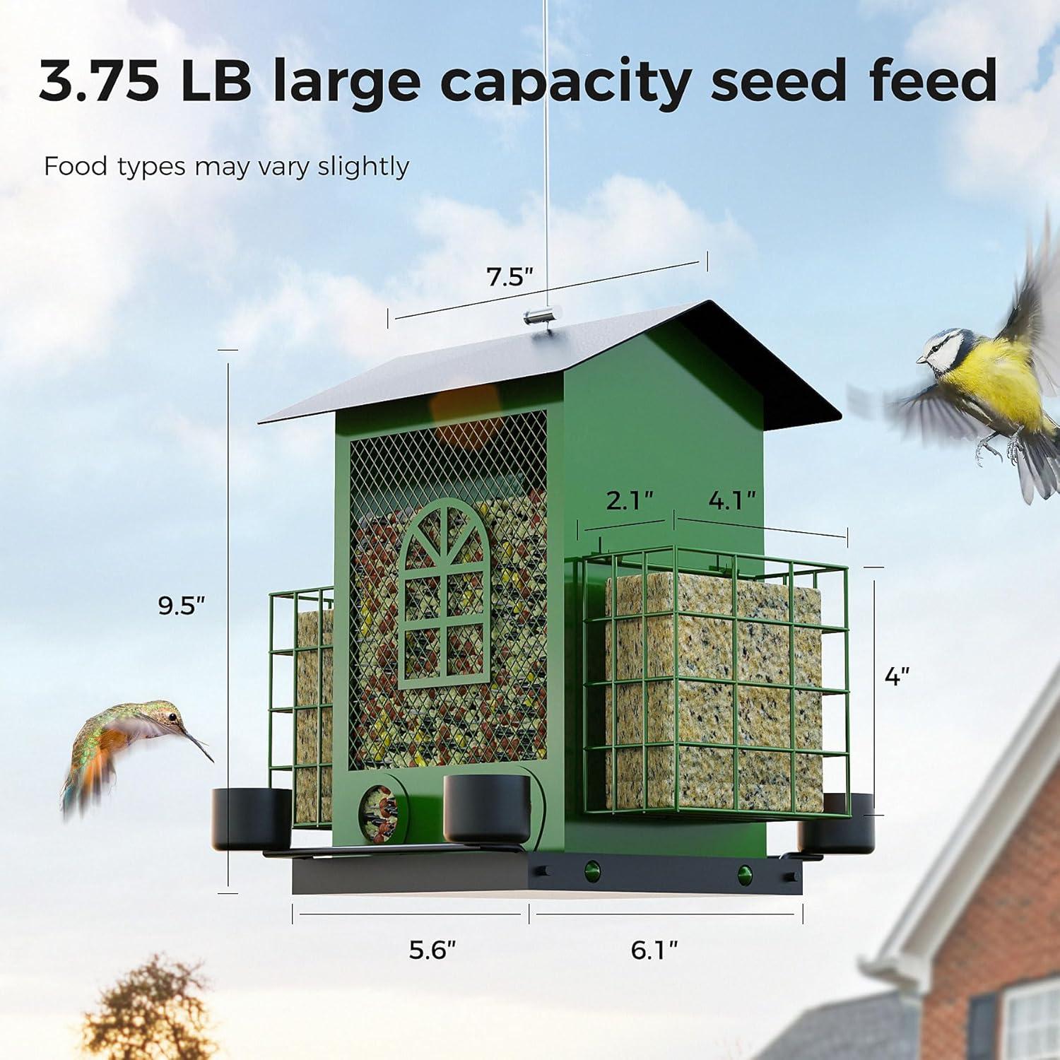 PerchMe®Bird Feeders for Outdoors Hanging, Metal Bird House Feeder with 2 Suet Cage and 4 Water Cups,Large Capacity,Weatherproof,Easy to Clean & Refill-Green