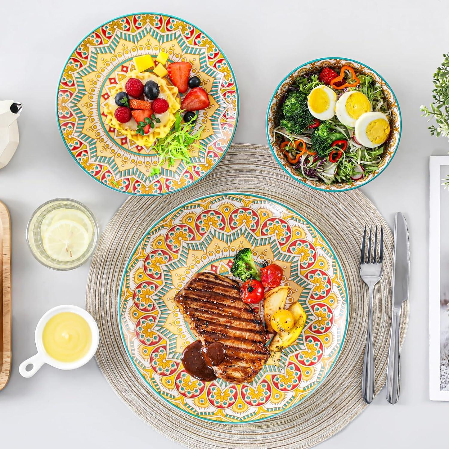 vancasso Mandala 12 Pieces Dinnerware Sets, Porcelain Dinner Set for 4, Boho Plates and Bowls Set, Colorful Dish Sets