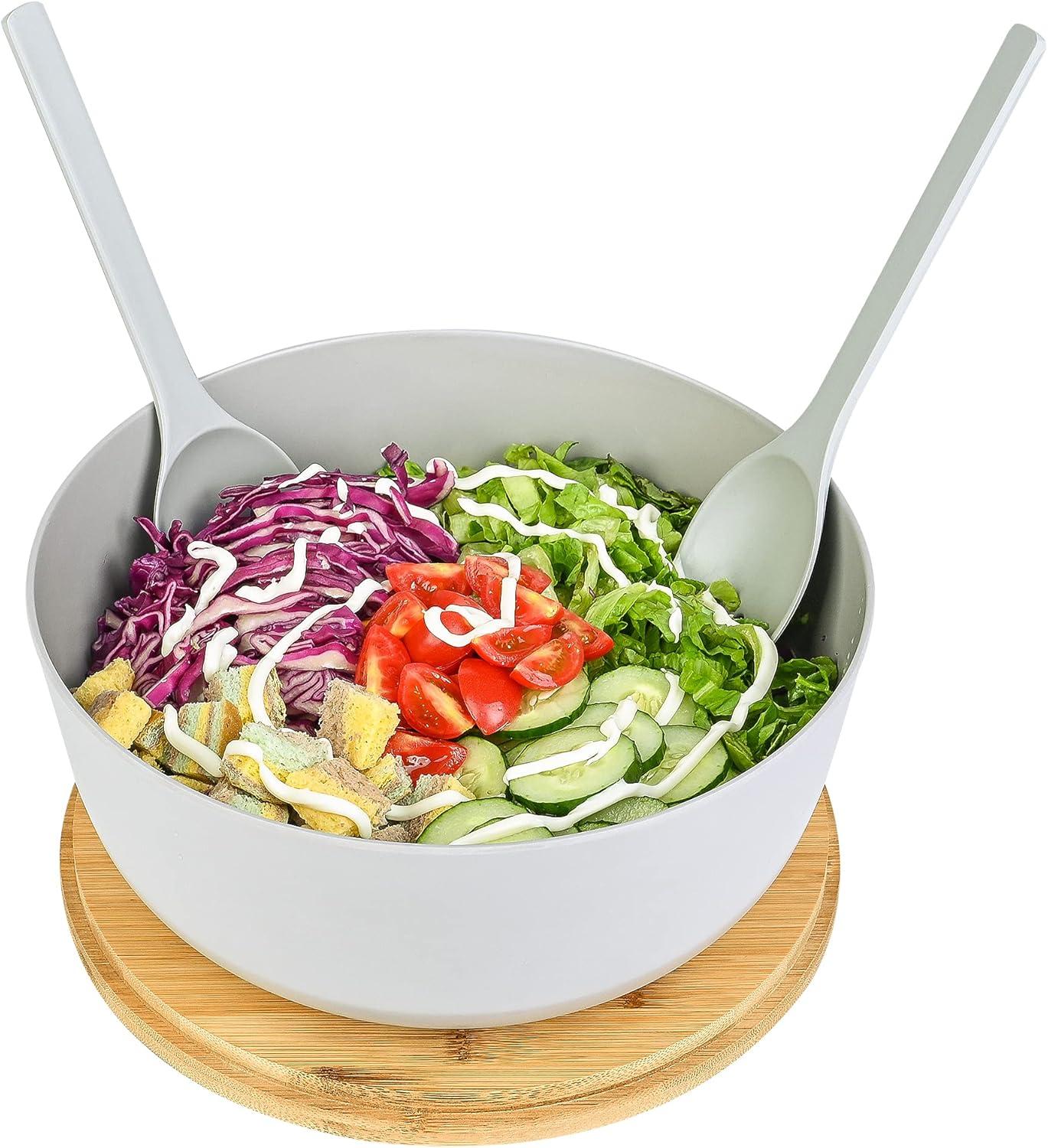 Large salad bowl with lid, upgraded version of bamboo fiber salad bowl with lid, 9.8-inch mixed salad bowl and server, and a set of free quick salad tools