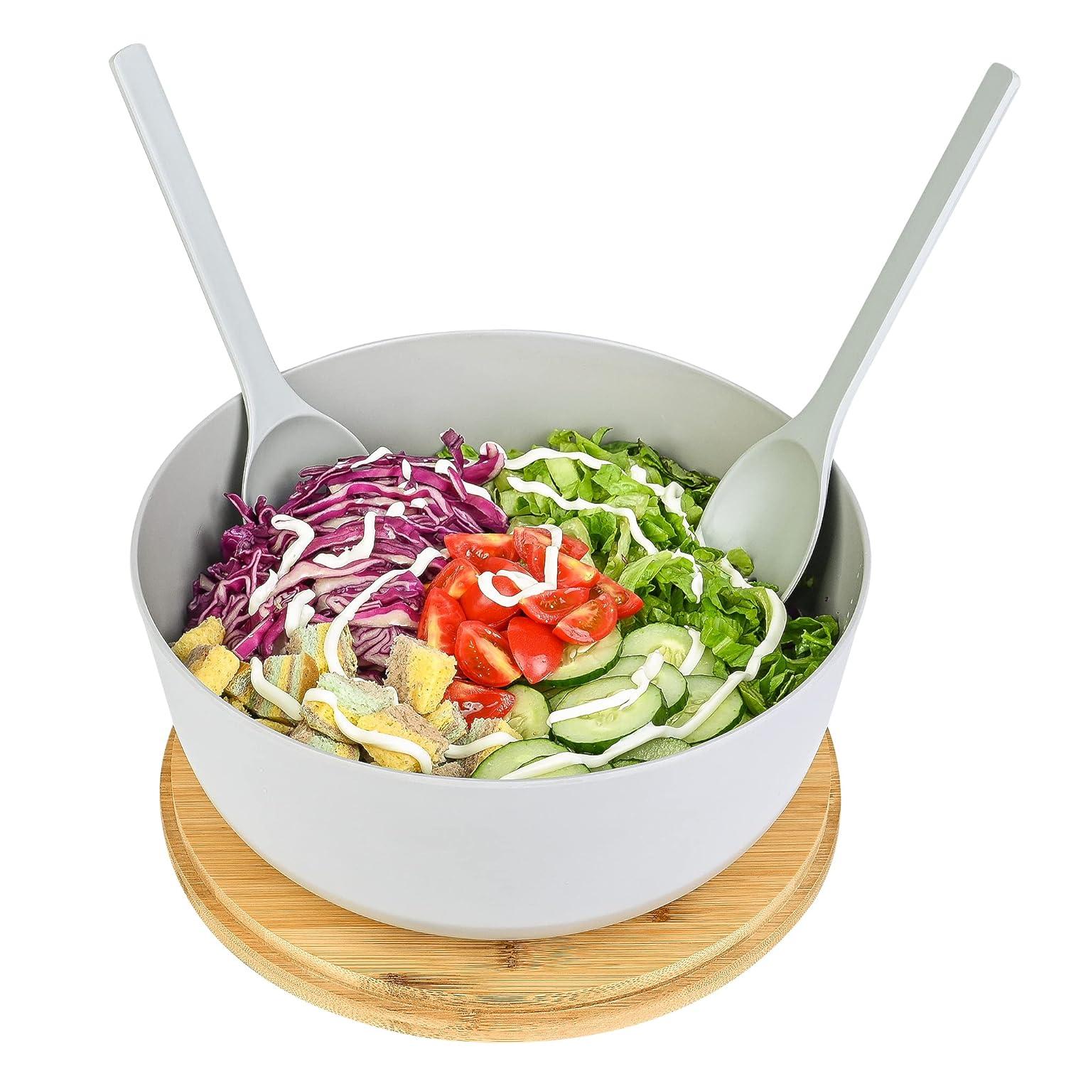 Large salad bowl with lid, upgraded version of bamboo fiber salad bowl with lid, 9.8-inch mixed salad bowl and server, and a set of free quick salad tools