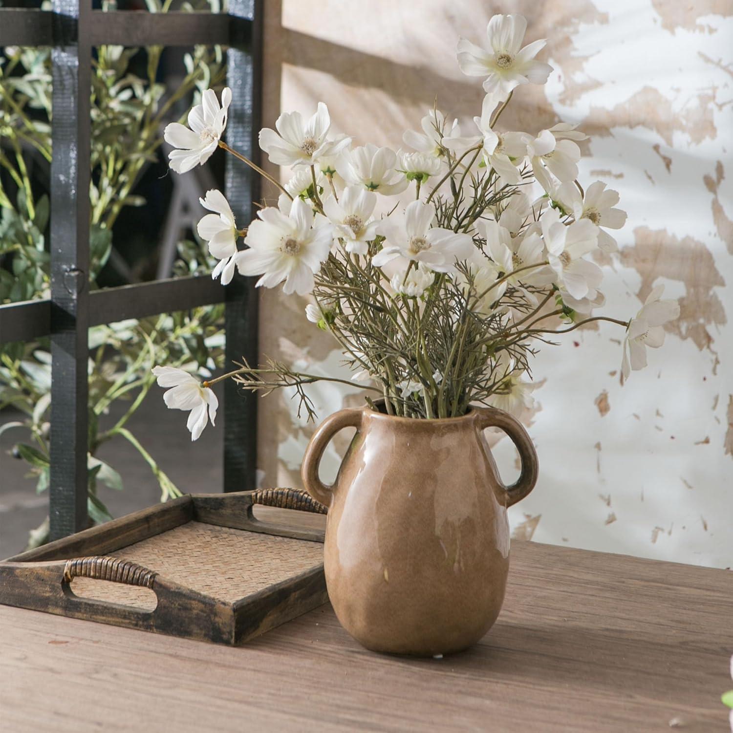 Kimdio Brown Ceramic Vase with 2 Handles, Modern Farmhouse Vase for Home Decor, Vintage Rustic Pottery Vase, Decorative Terracotta Vase, Clay Jug for Living Room Dining Table Shelf