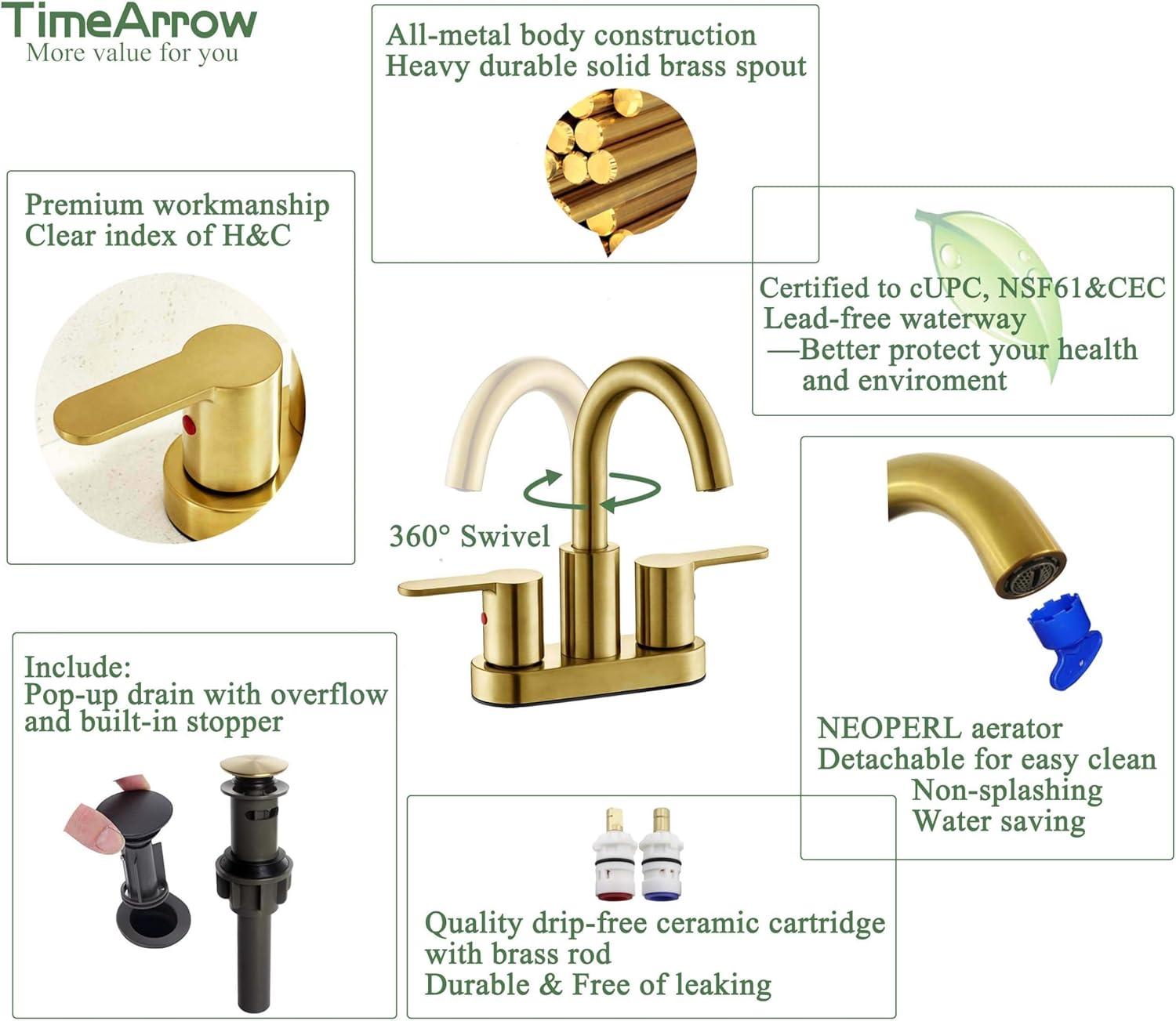 Brushed Gold 2 Handle Centerset Bathroom Faucet with Brass Spout