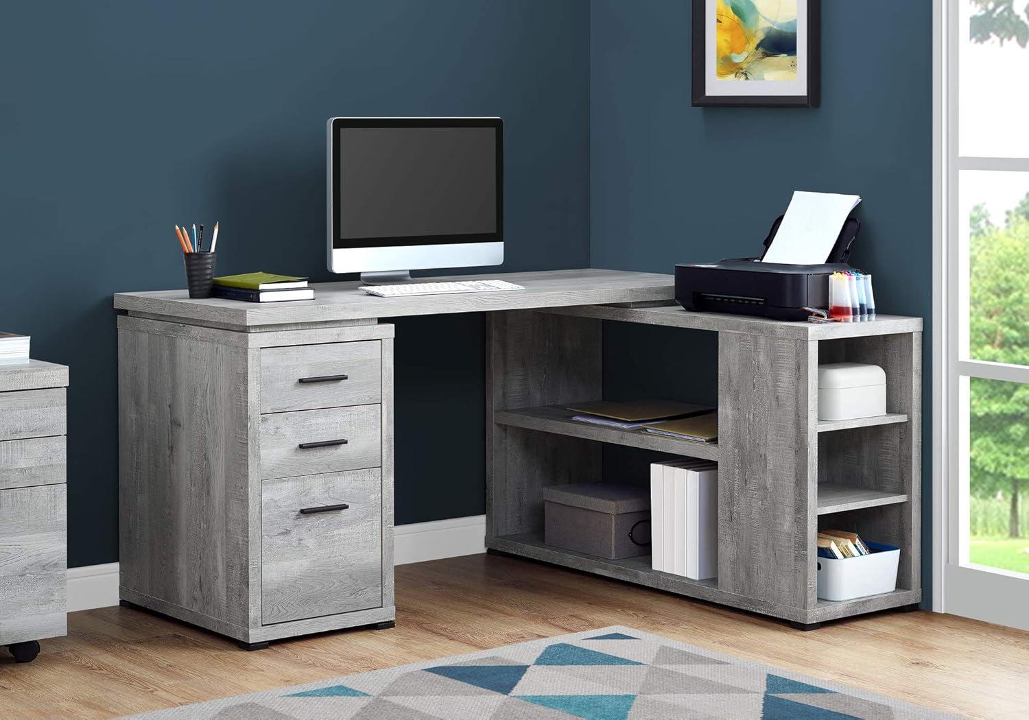 Gray Reclaimed Wood Corner Computer Desk with Filing Cabinet and Drawers