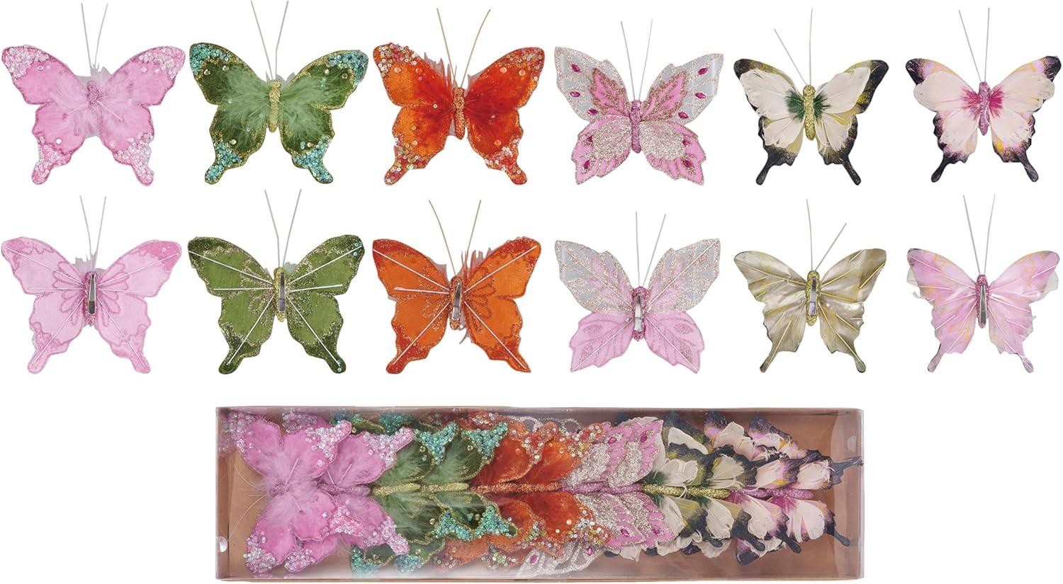 Multicolor Feather Butterfly Clip-On Ornaments with Glitter, Set of 12