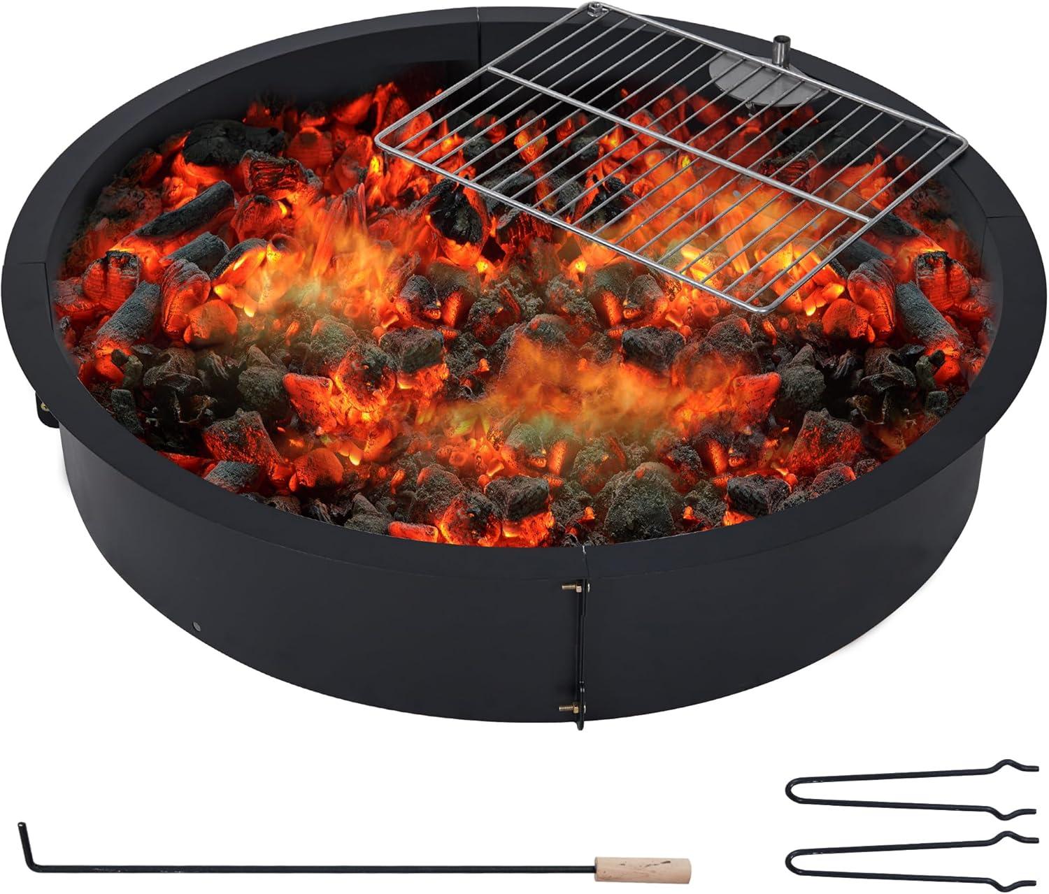 36 inch Outdoor Fire Pit Liner Round Solid Steel Fire Ring with Cooking Grate