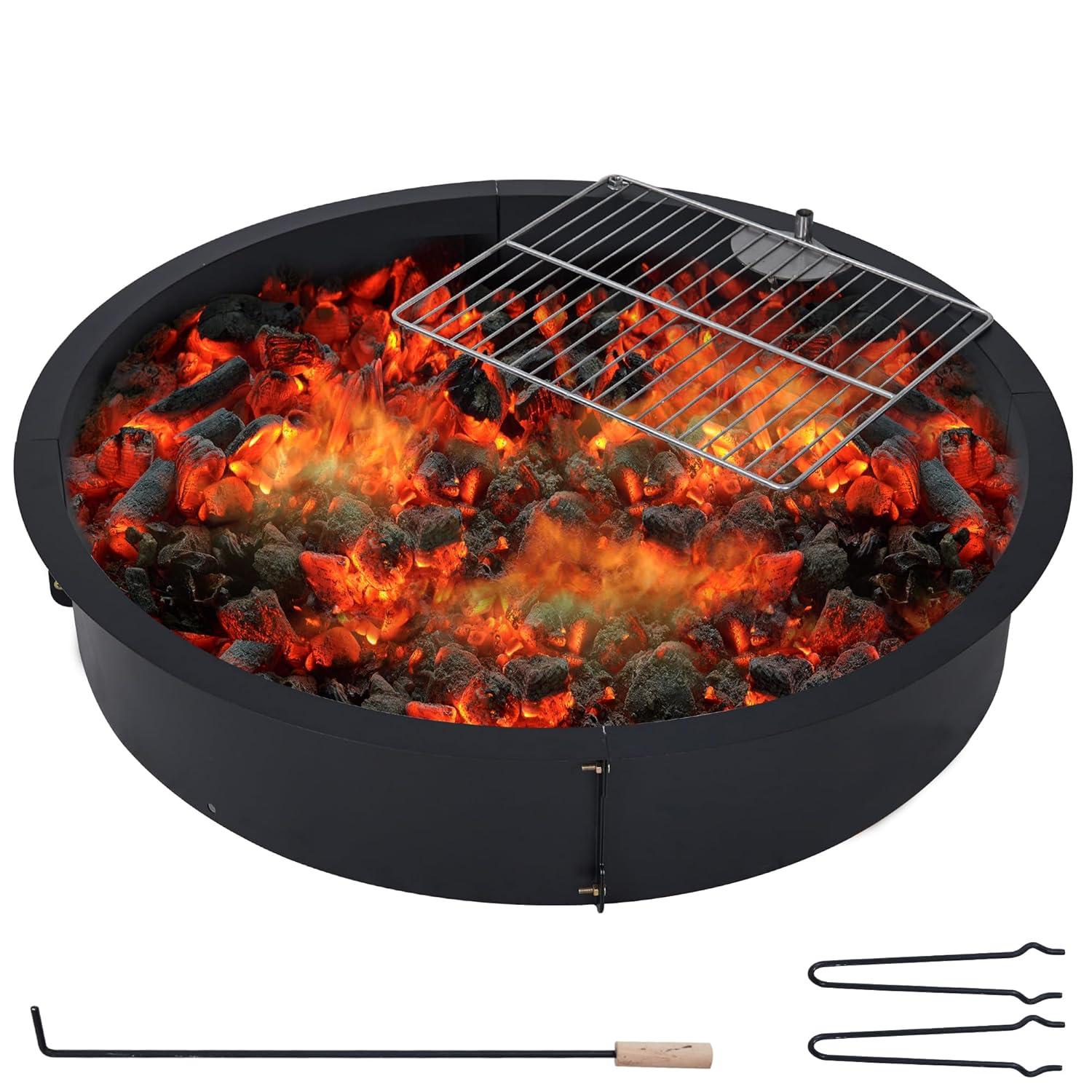 36 inch Outdoor Fire Pit Liner Round Solid Steel Fire Ring with Cooking Grate