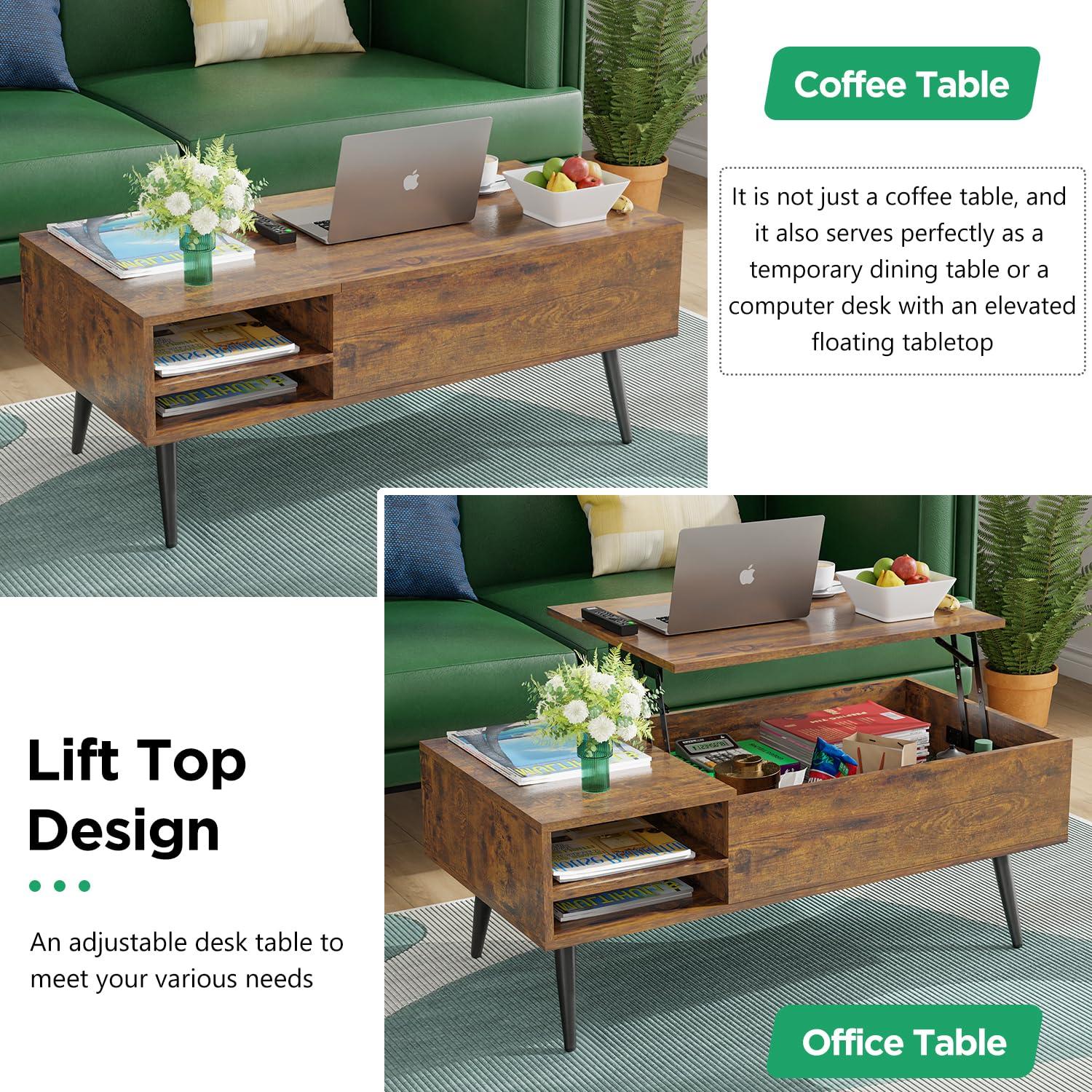 PayLessHere 39" Lift Top Coffee Table with Adjustable Storage and Hidden Compartment Small Wood Coffee Table Center Table for Home Living Room Office Apartment Reception Room,Brown