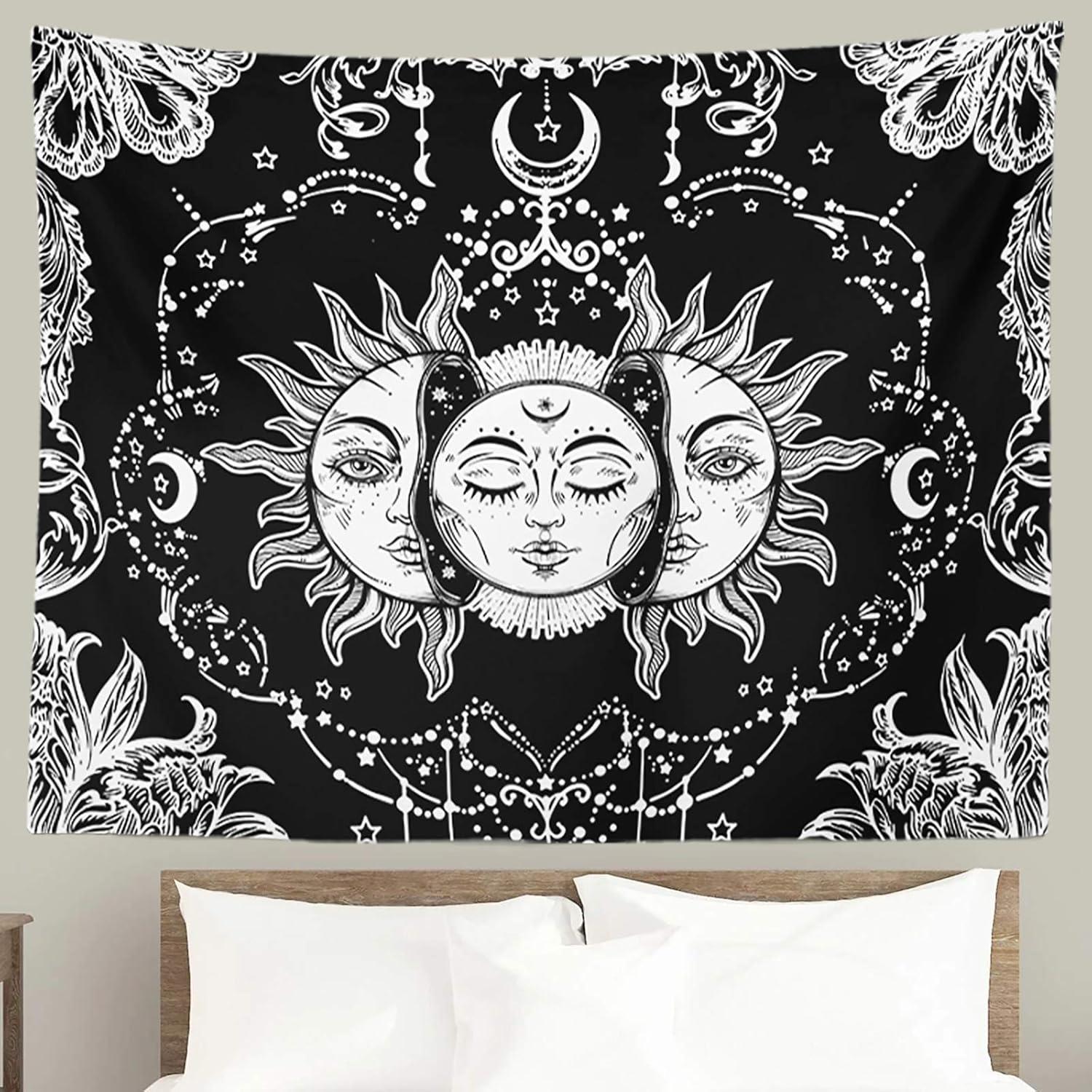 Ftuency Sun and Moon Tapestry, Black and White Tapestries Mystic Burning Sun with Star Wall Hanging decor for Bedroom (59" W x 51" L)