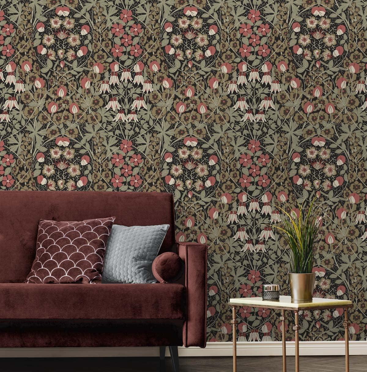 Ebony and Red Clay Floral Peel and Stick Wallpaper