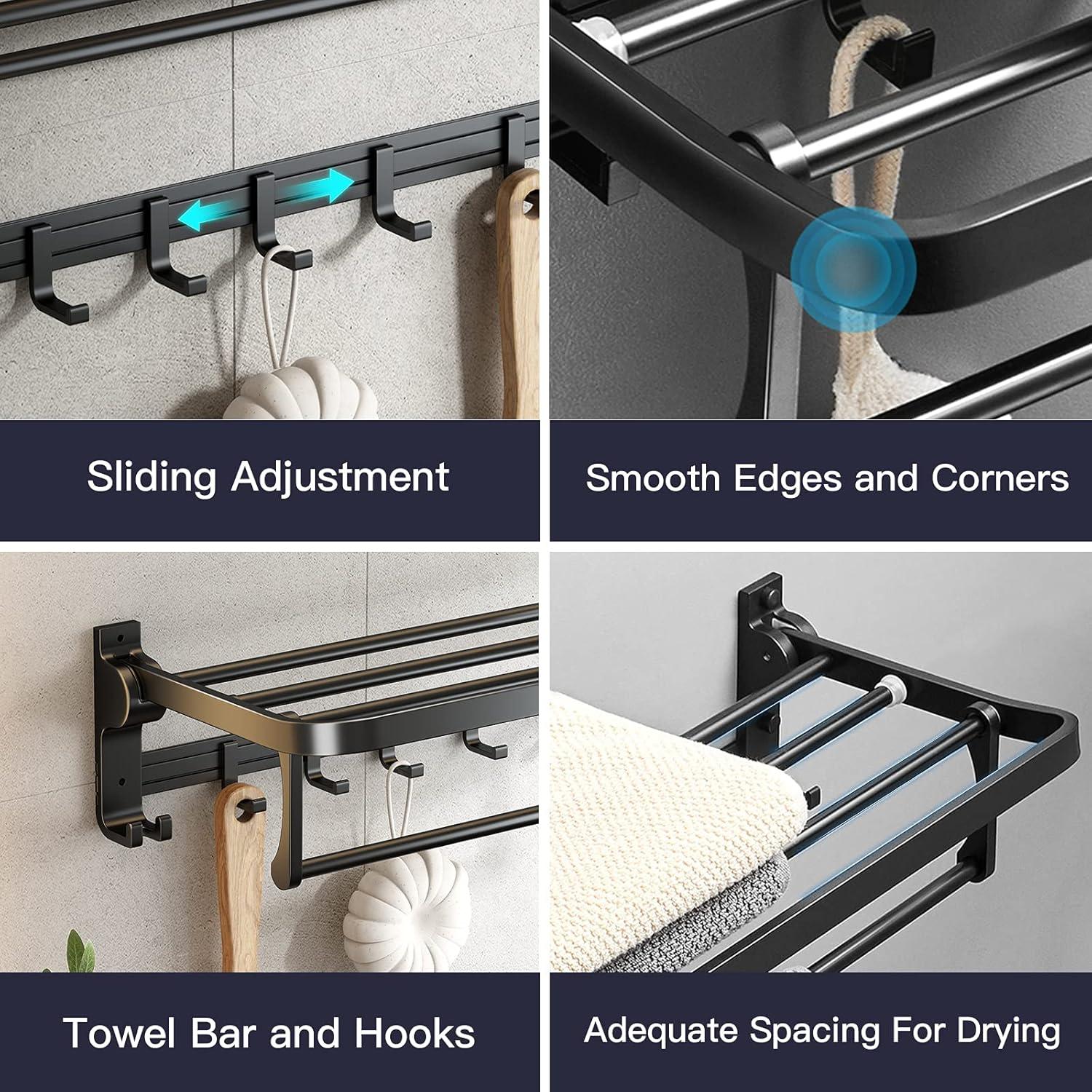 VOLDRA Towel Racks for Bathroom, 24-Inch Towel Shelf with Towel Bar Foldable Towel Holder with 7 Hooks Towel Storage Organizer for Bathroom & Lavatory Wall Mounted(Matte Black)