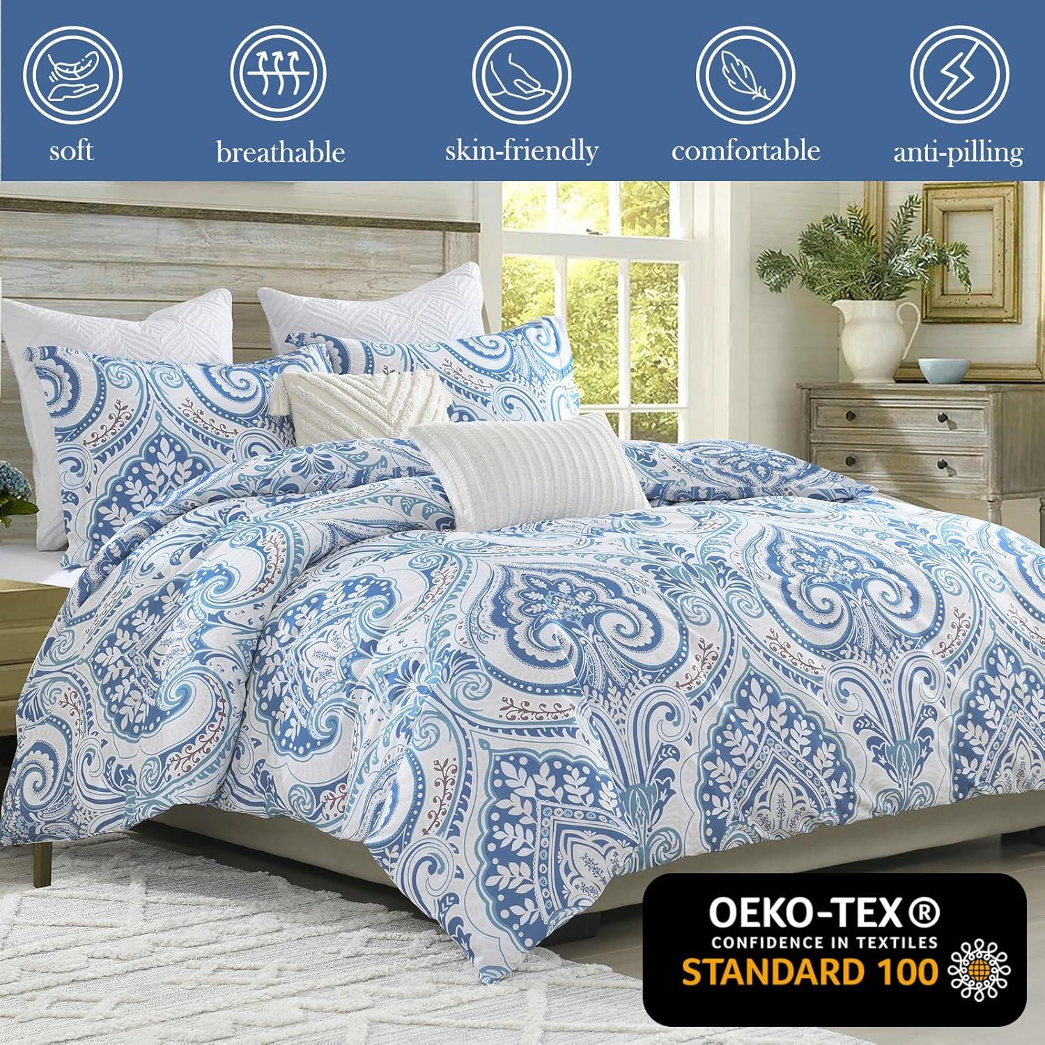 Blue and White Damask Queen Size Microfiber Duvet Cover Set