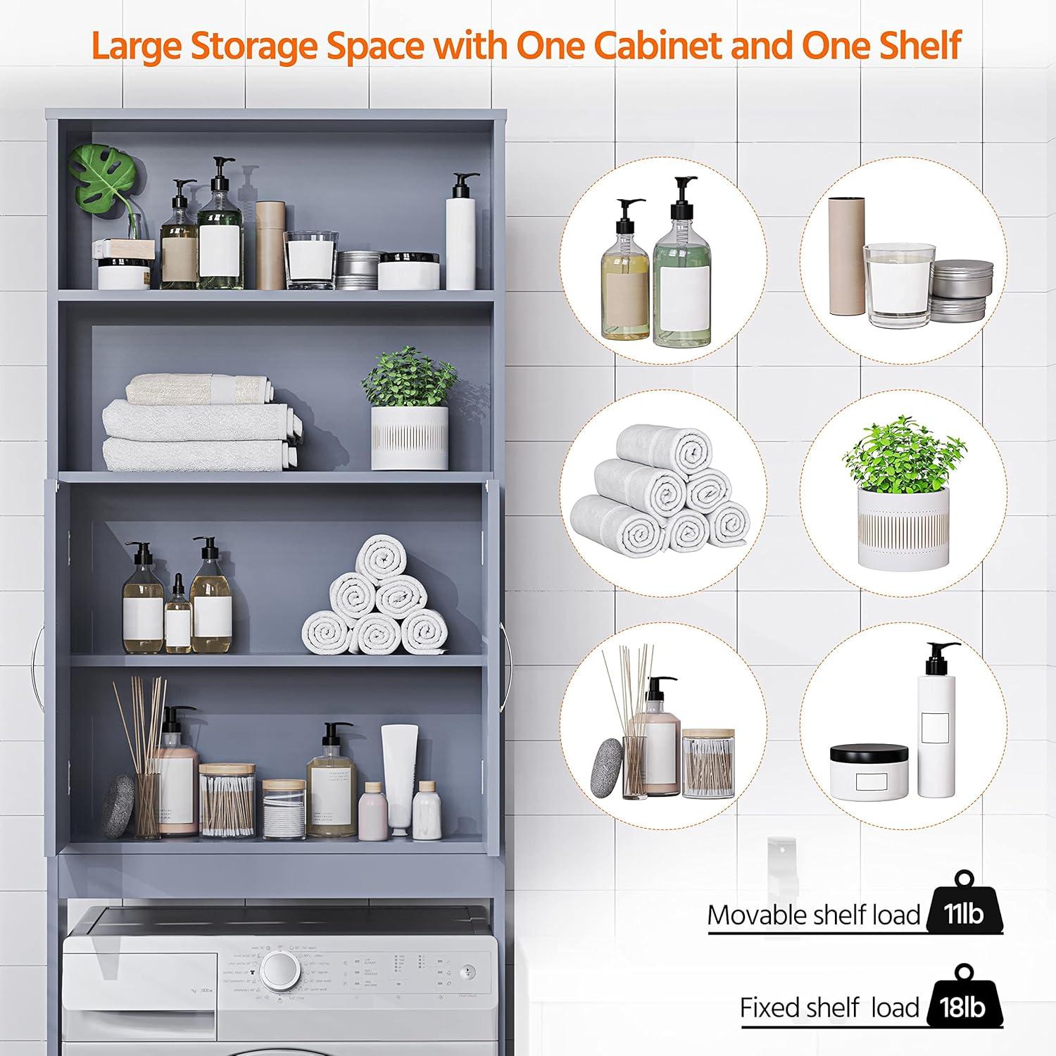 Over The Toilet Storage, Taller Bathroom Organizer with Adjustable Shelves, Space-Saving Storage Cabinet with Double Doors, 77 in H, Grey