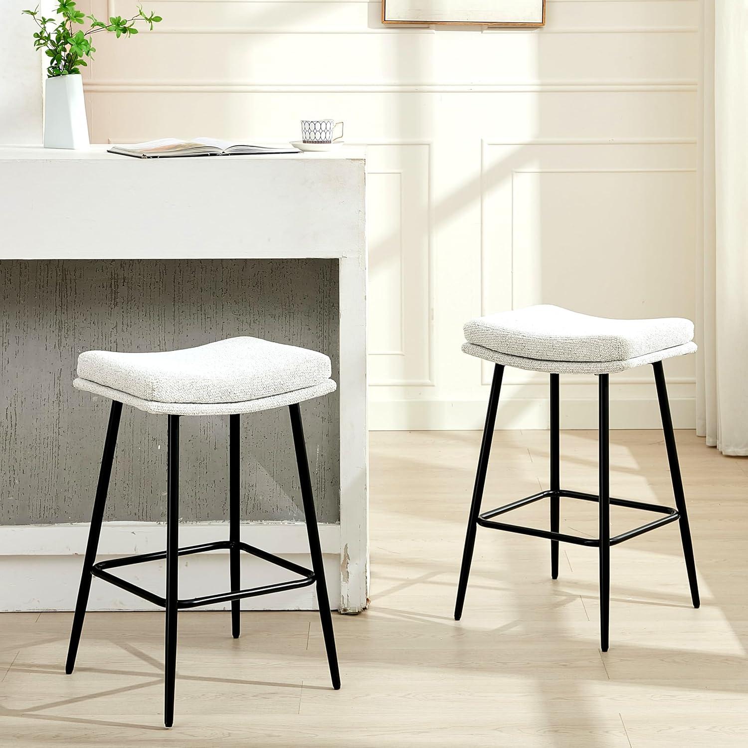 26 inch Counter Height Bar Stools Set of 2, Backless Saddle Bar Stools for Kitchen Counter, White Boucle Seat, Modern Kitchen Stools with Double Layered Cushion and Metal Legs