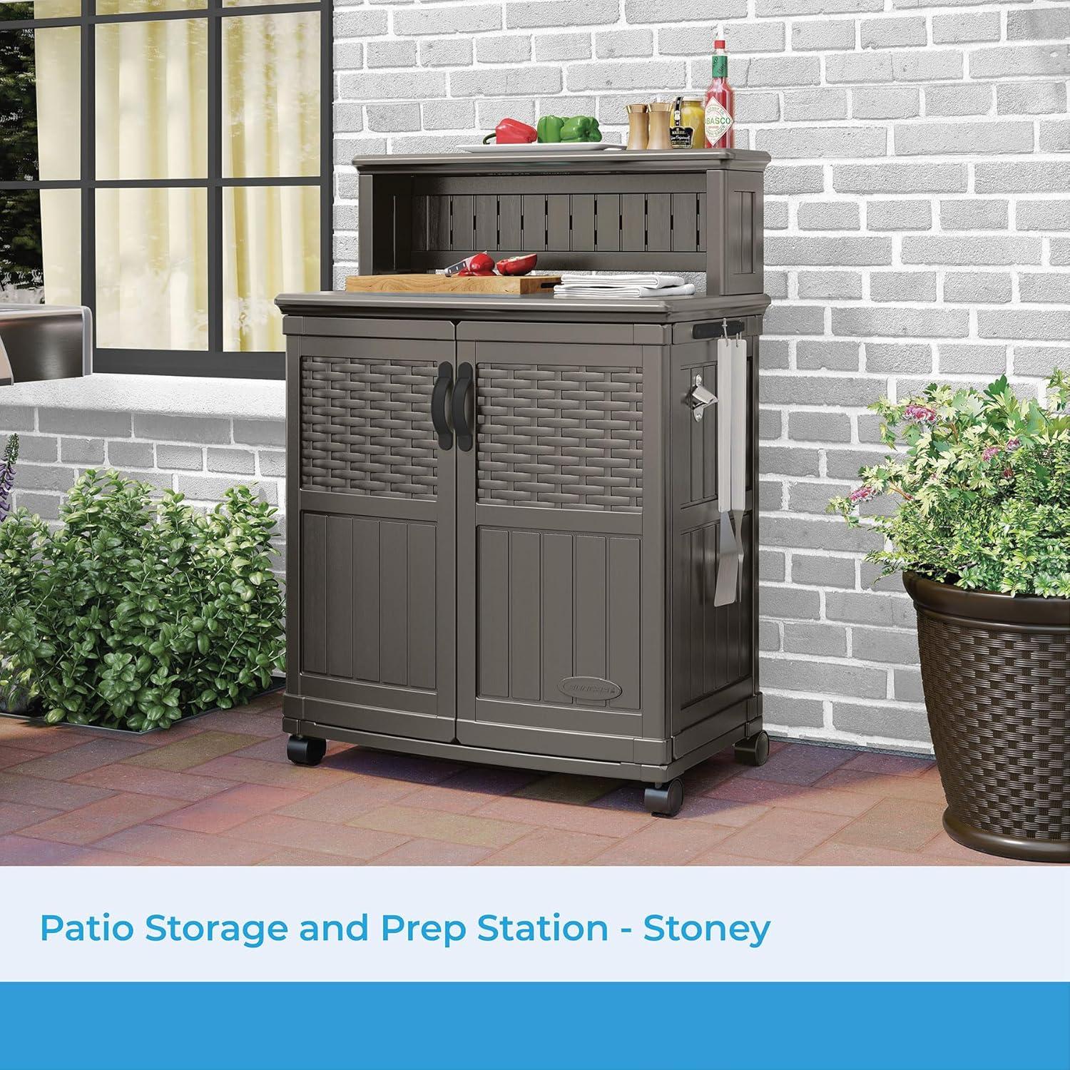 Suncast Patio Plastic Storage and Prep Station with Wicker Pattern, Stoney Gray
