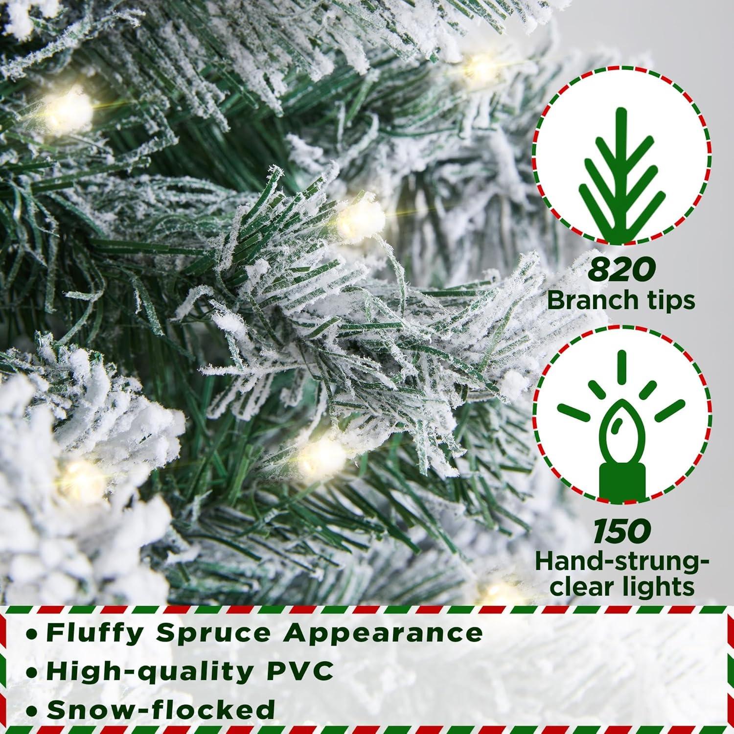 Killeryuki 6ft Pre-lit Spruce Artificial Christmas Tree Snow Flocked Hinges Tree with 250 Multicolor LED Lights & 820 Branch Tips & Metal Stand for Home, Office, Party Decoration, White