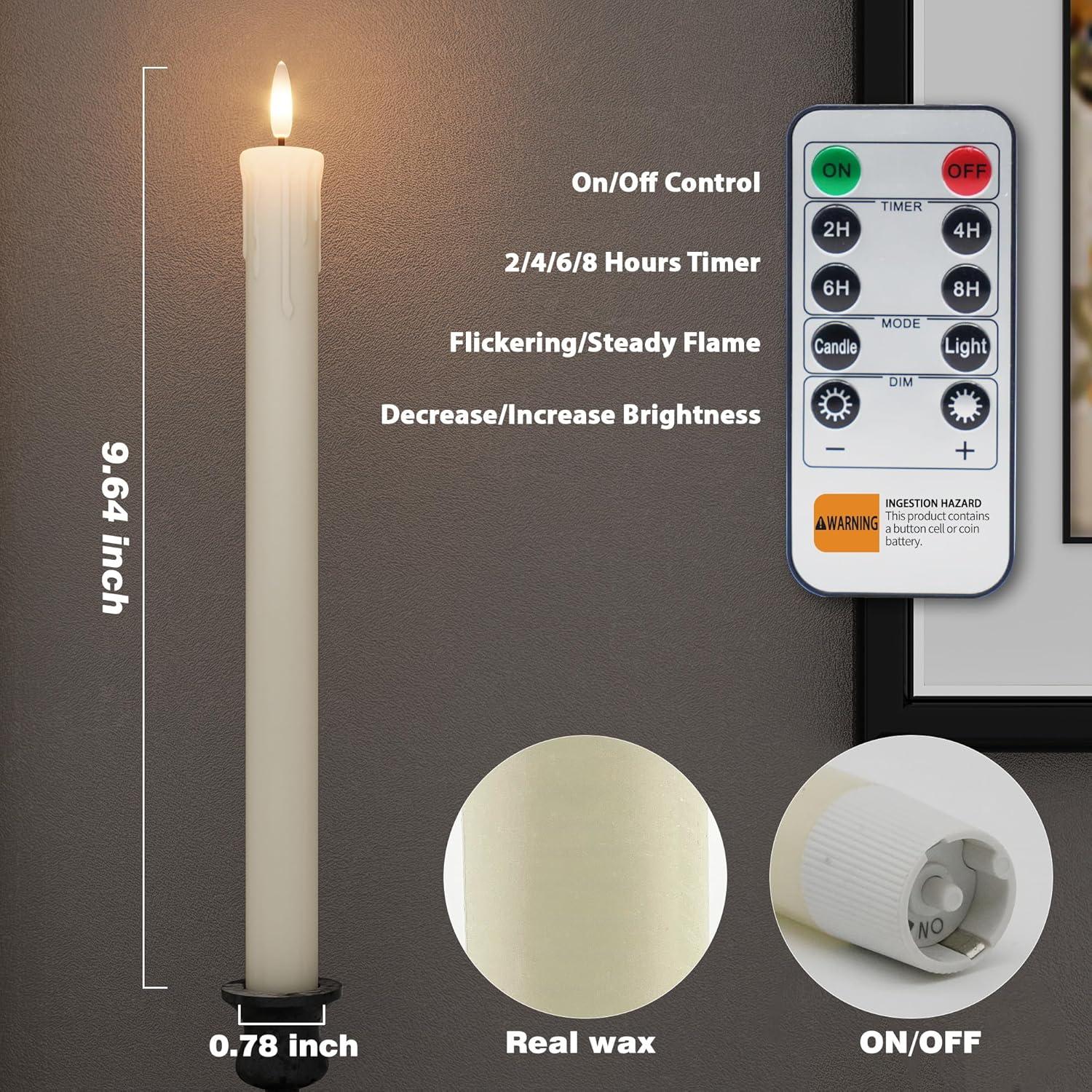 Rechargeable Flameless Taper Candles With Charging Station, 6 Pcs Real Wax LED Taper Candles Flickering With Remote&Timer, 3D Flame Candlesticks For Home Wedding Christmas Decor