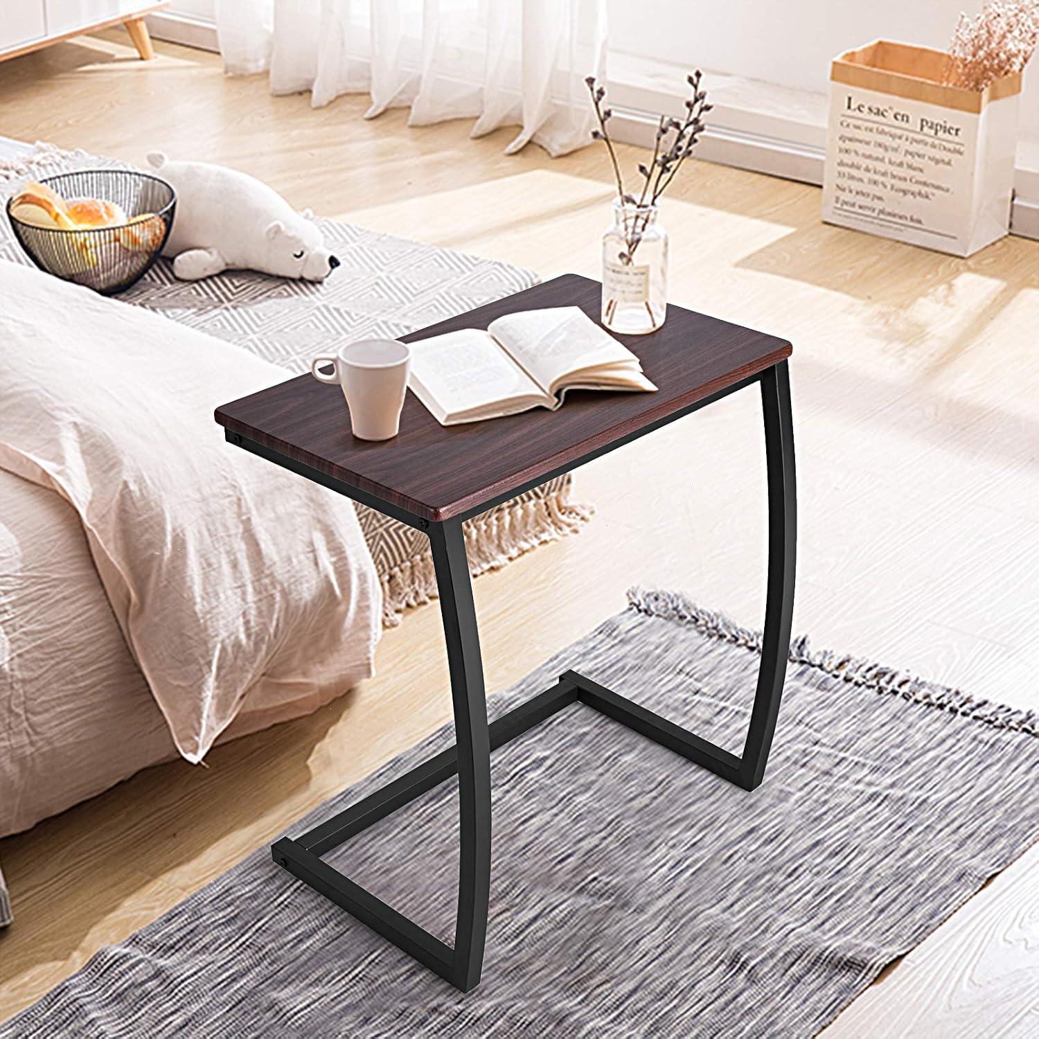 Compact Coffee MDF and Steel C-Shaped Side Table