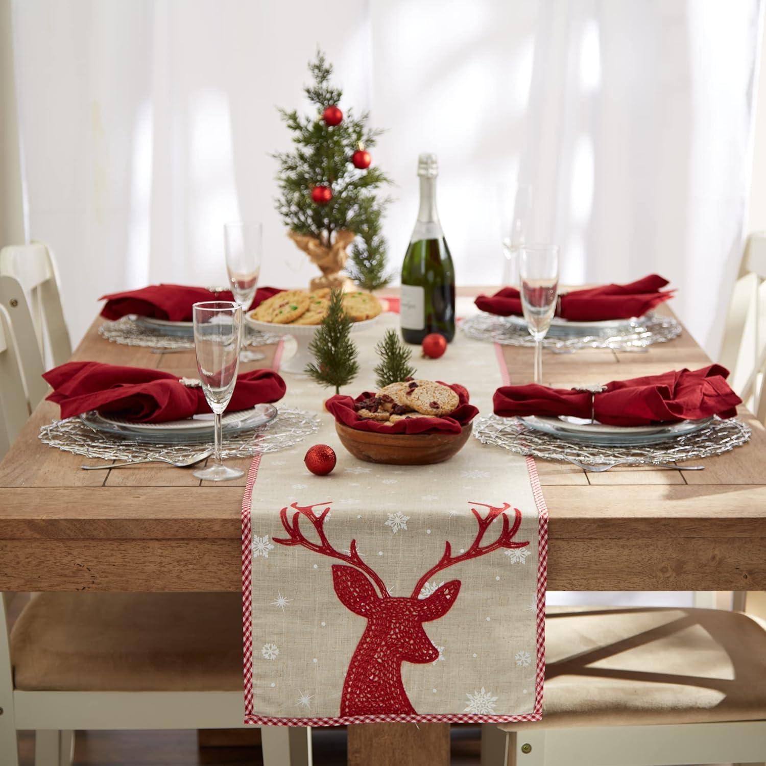 Beige and Red Reindeer Embroidered Cotton Table Runner